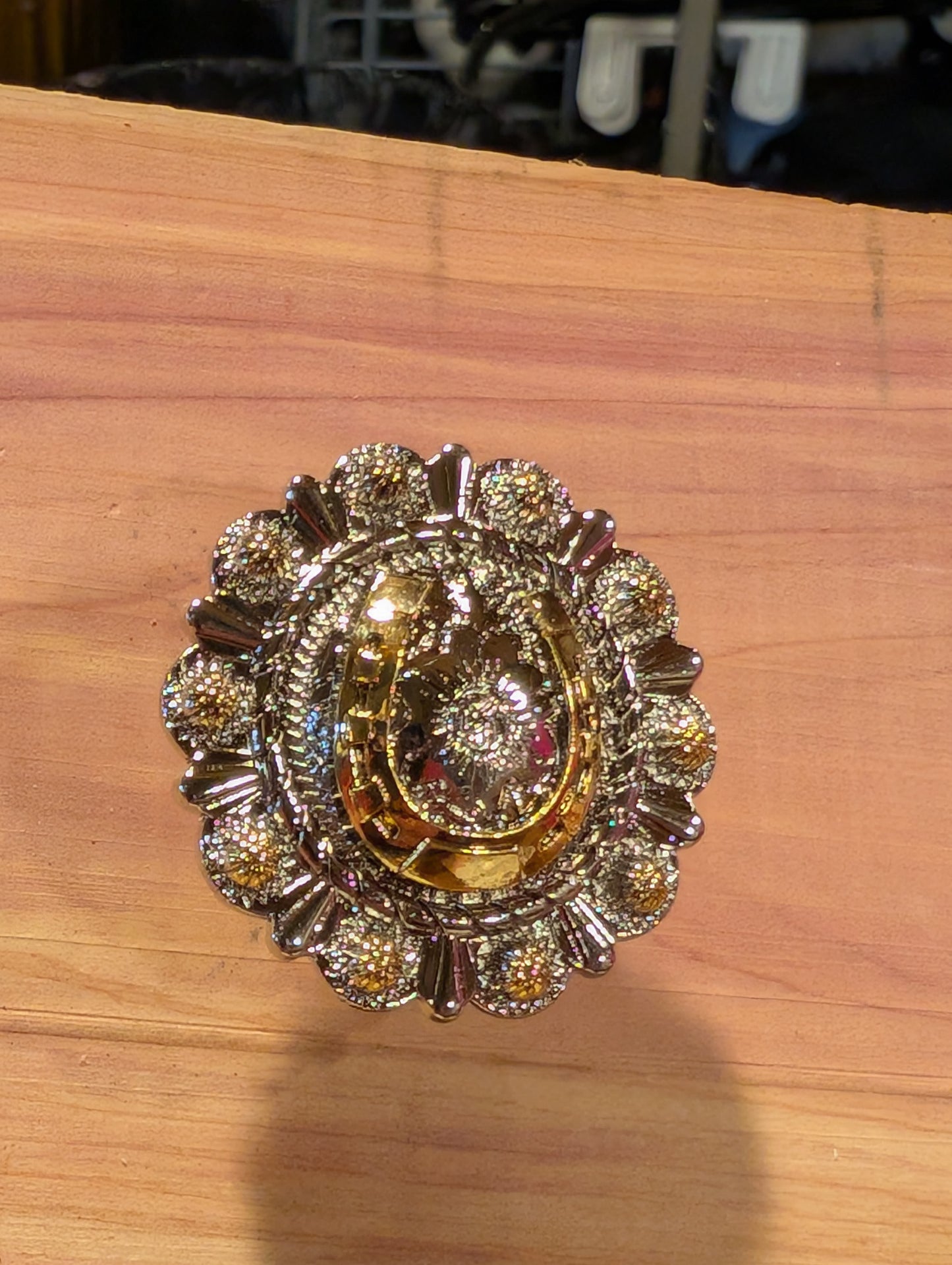 Set of southwestern drawer pulls with textured metal and ceramic designs for rustic furniture.