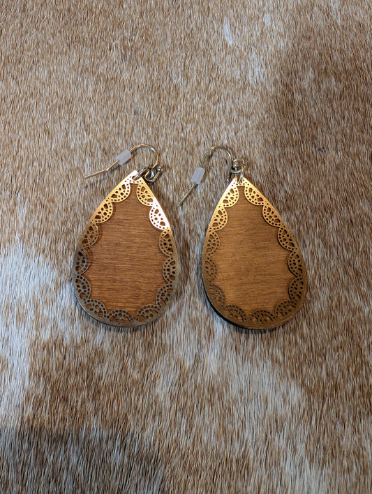 Western Charm Wood & Gold Earrings – Rustic Teardrop Dangles