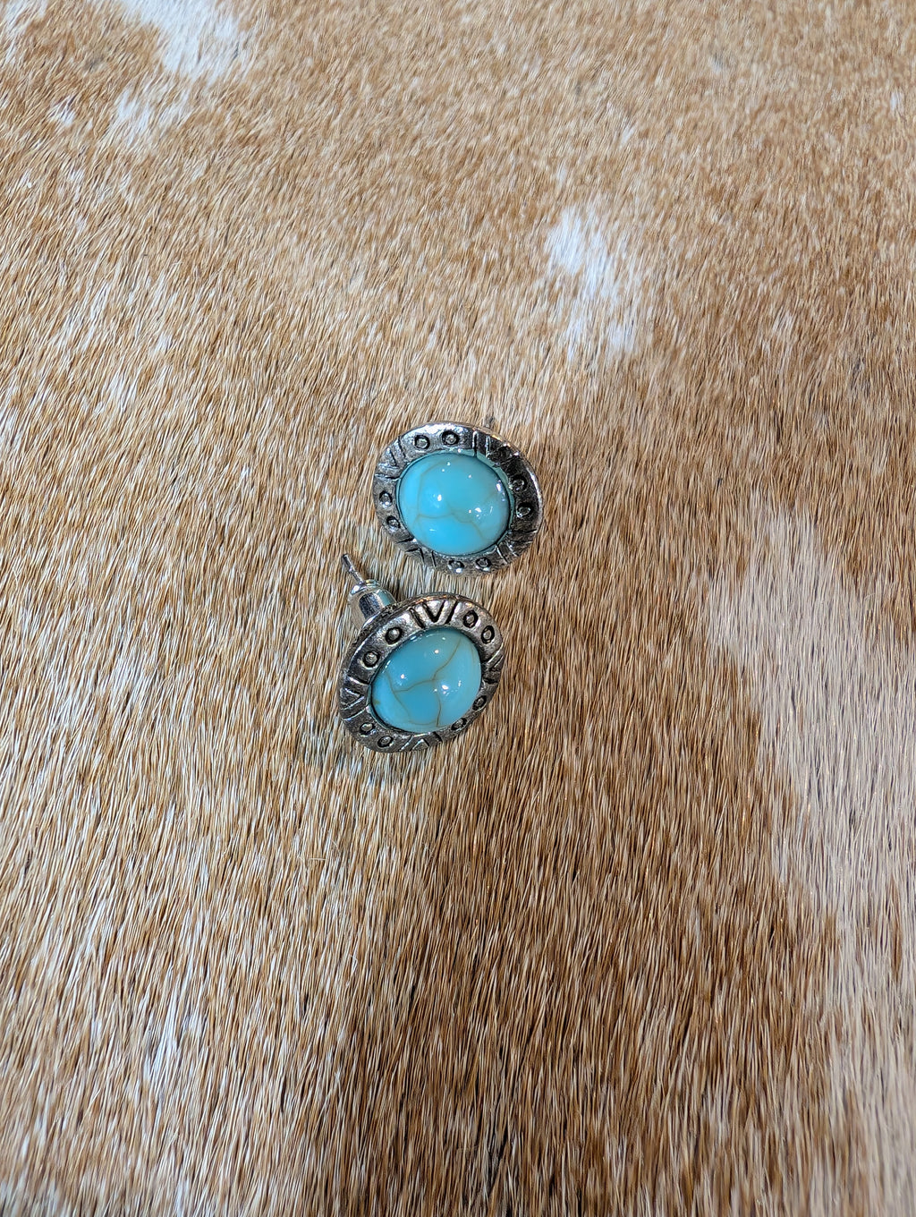 Western Spirit turquoise stud earrings featuring vintage inlaid stones in silver-tone setting displayed on rustic background