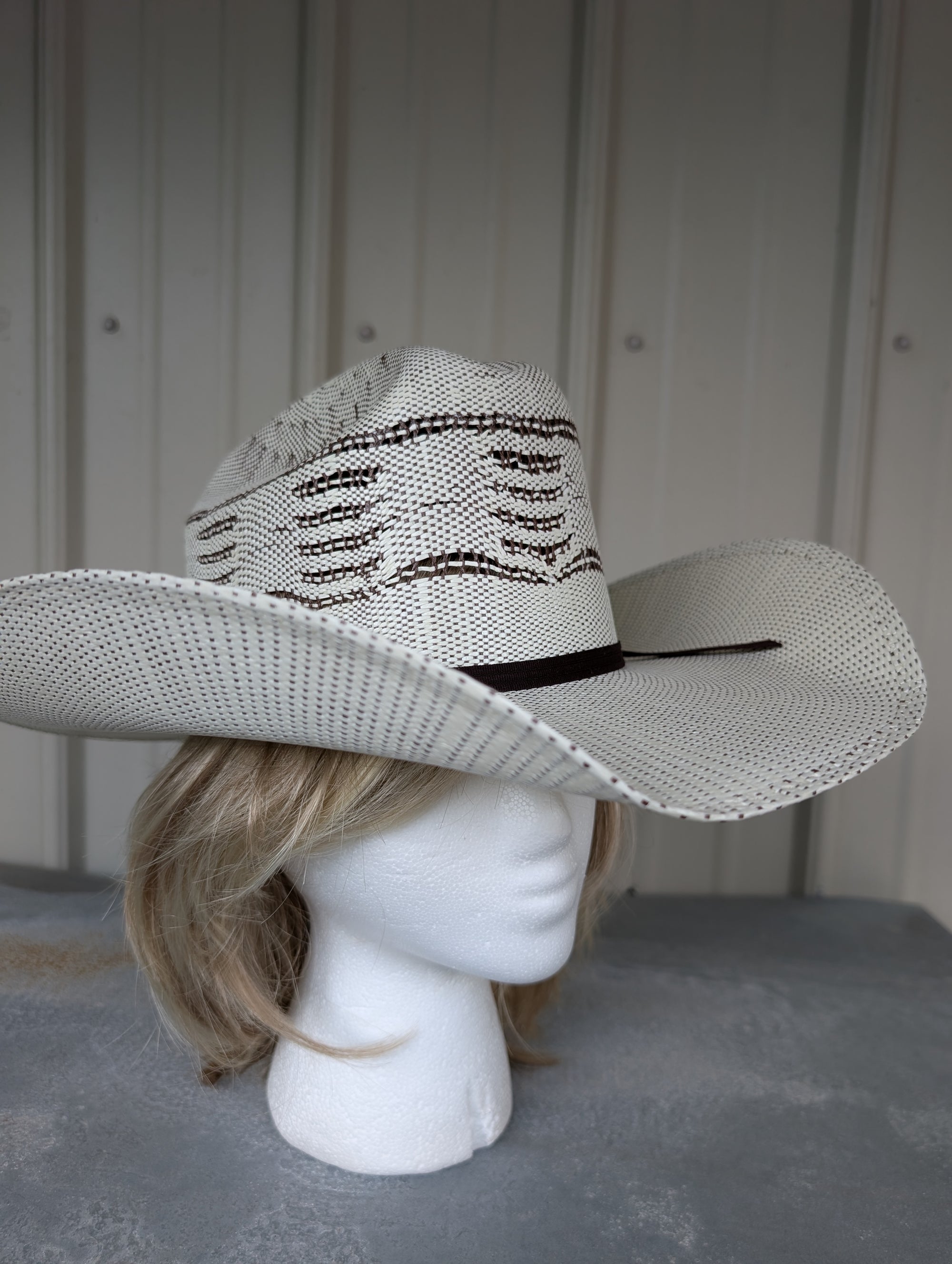 White straw cowboy hat with black band on a mannequin head against a neutral background