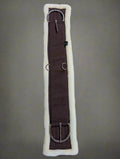 Brown nylon horse girth with soft fleece underside and stainless steel buckles for moisture-wicking comfort.
