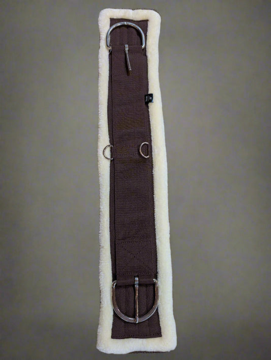 Brown nylon horse girth with soft fleece underside and stainless steel buckles for moisture-wicking comfort.
