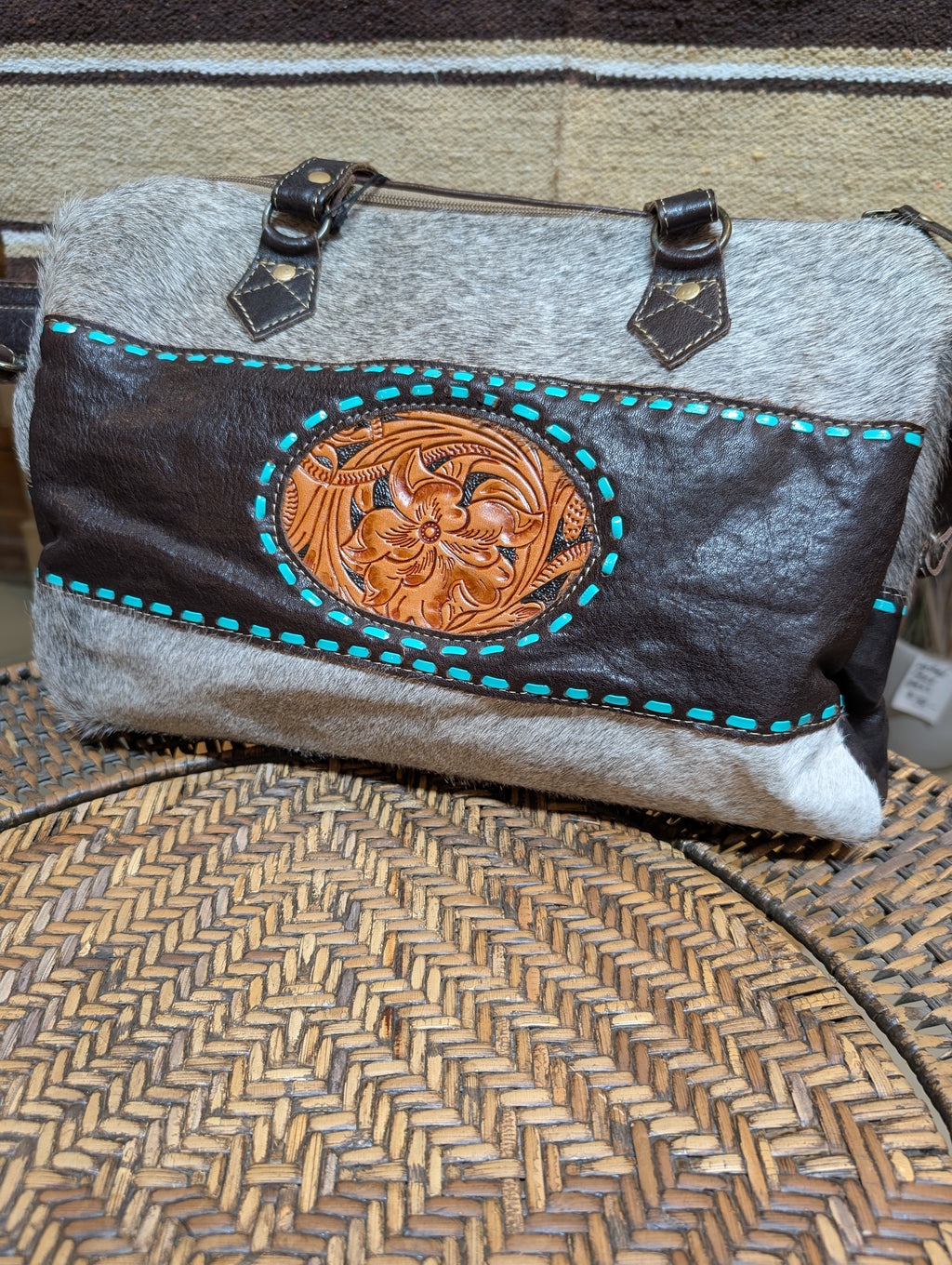 Myra Turquoise Edges Hand-Tooled Purse – Genuine Cowhide | One-of-a-Kind