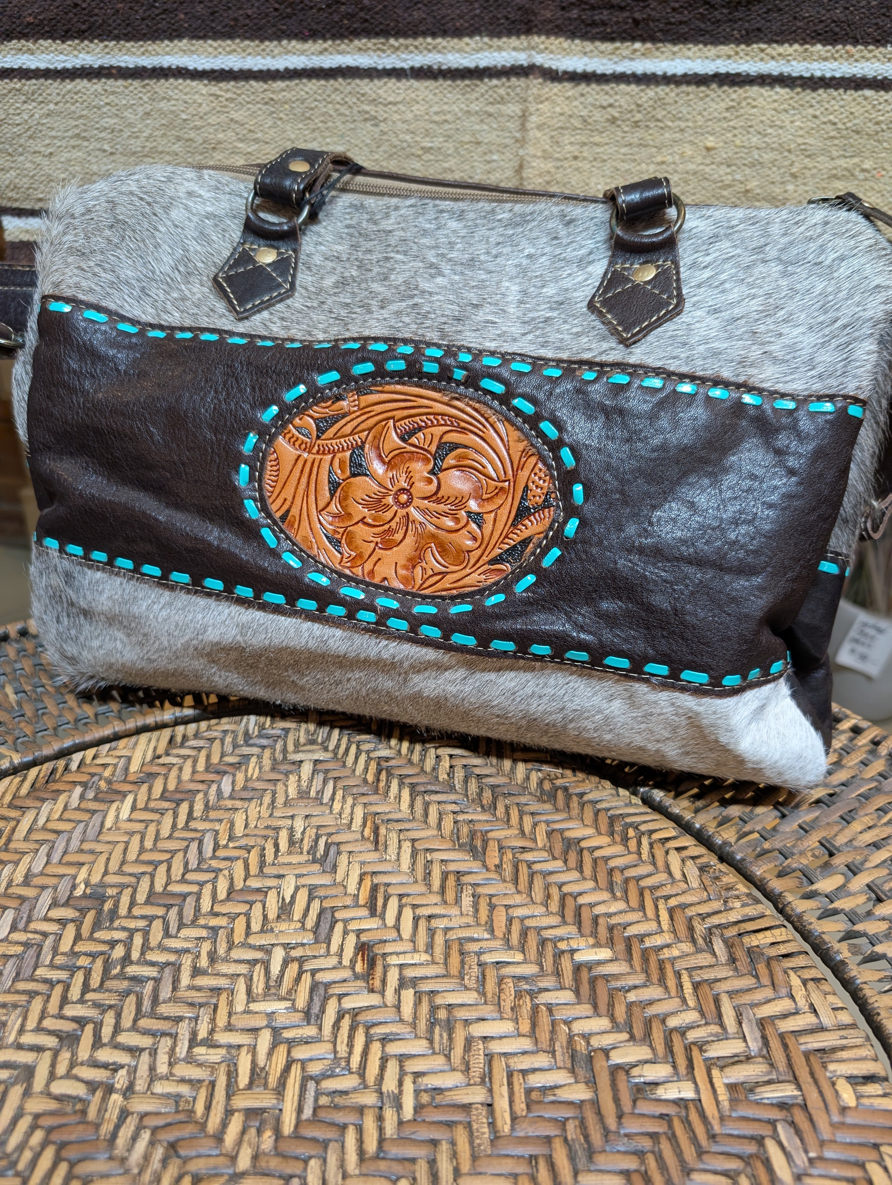 Myra Turquoise Edges Hand-Tooled Purse – Genuine Cowhide | One-of-a-Kind
