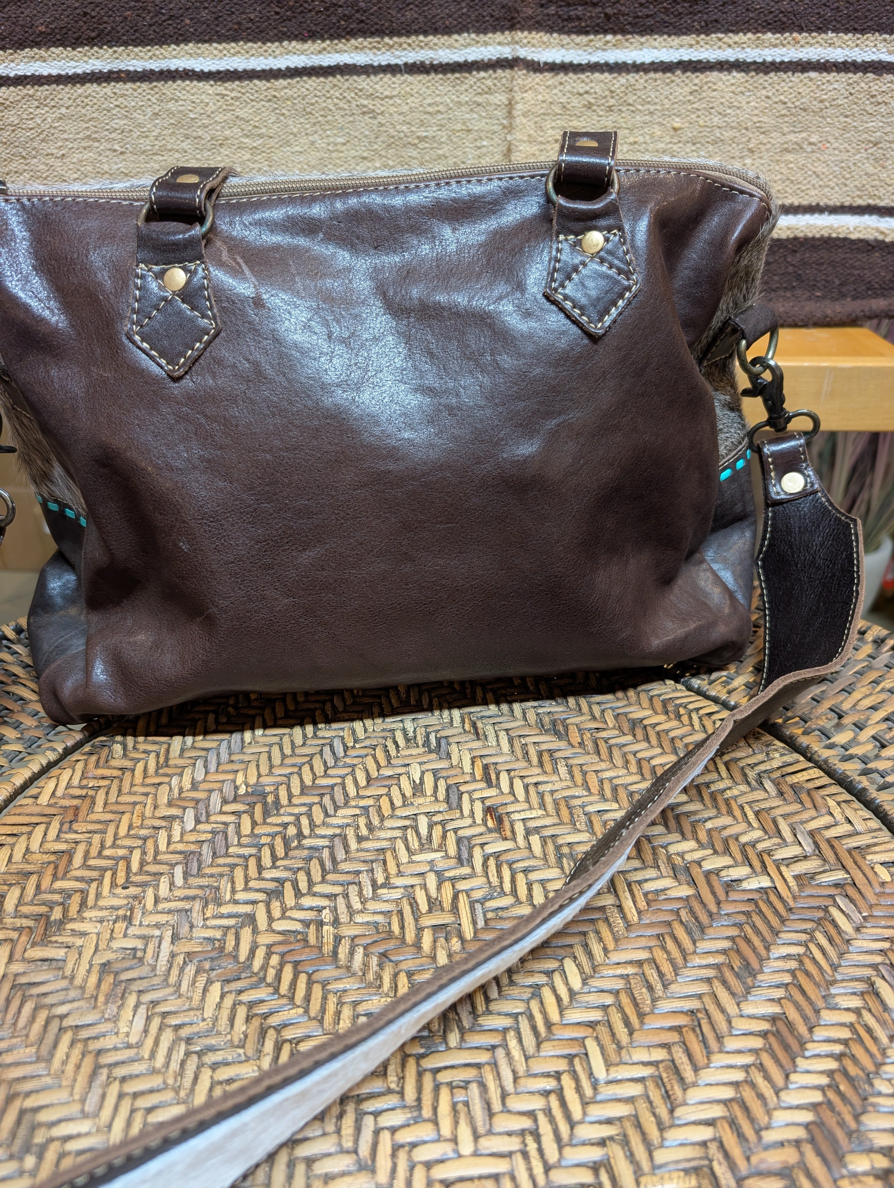 Myra Turquoise Edges Hand-Tooled Purse – Genuine Cowhide | One-of-a-Kind