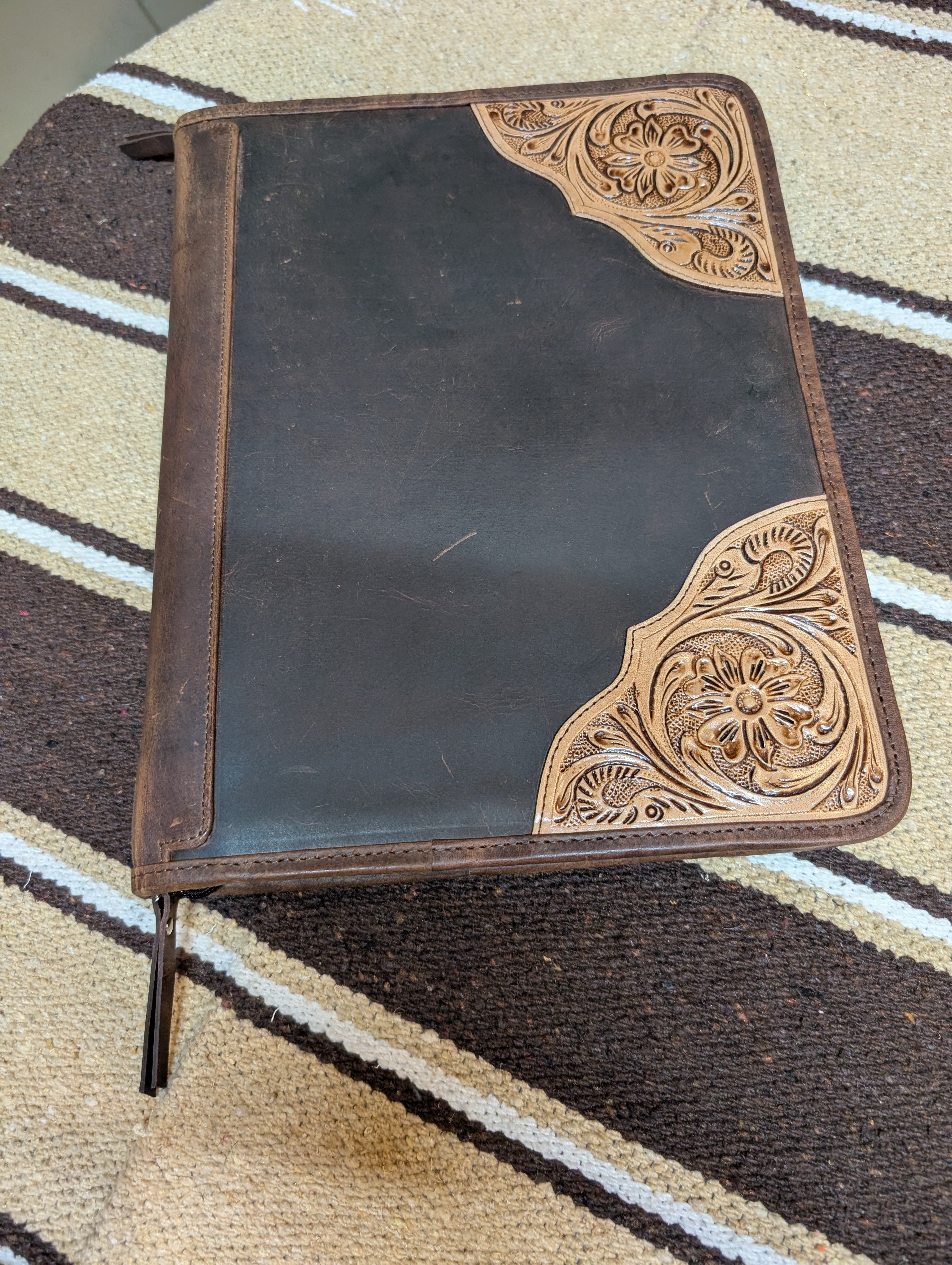 Genuine Leather Tooled 3-Ring Zipper Binder