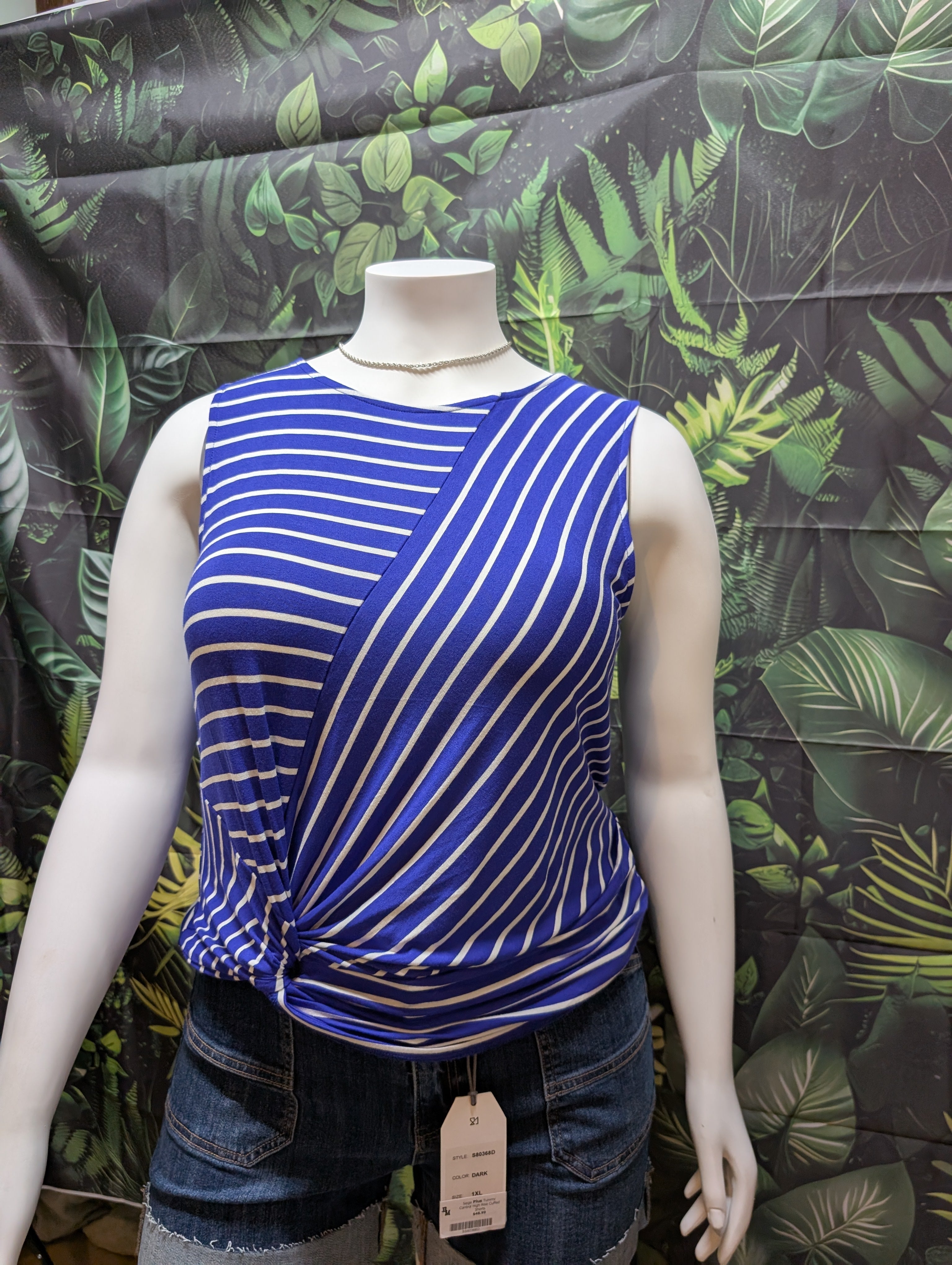 Zenana Plus Size Striped Knot-Front Sleeveless Top – Rose or Bright Blue with Ivory Stripes