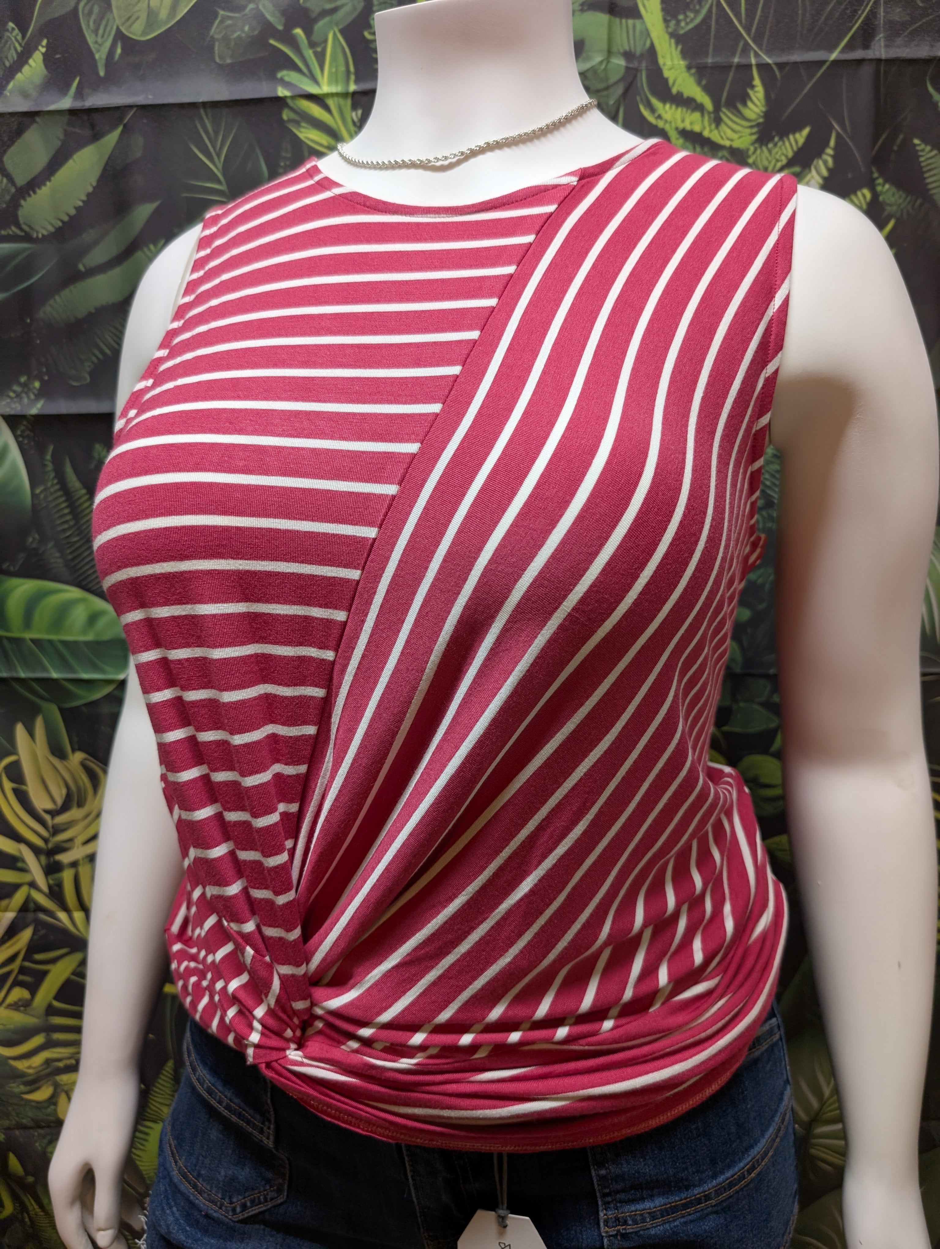 Zenana Plus Size Striped Knot-Front Sleeveless Top – Rose or Bright Blue with Ivory Stripes