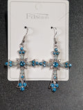 Fashion teal cross earrings in silver tone with blue stones, everyday jewelry gift