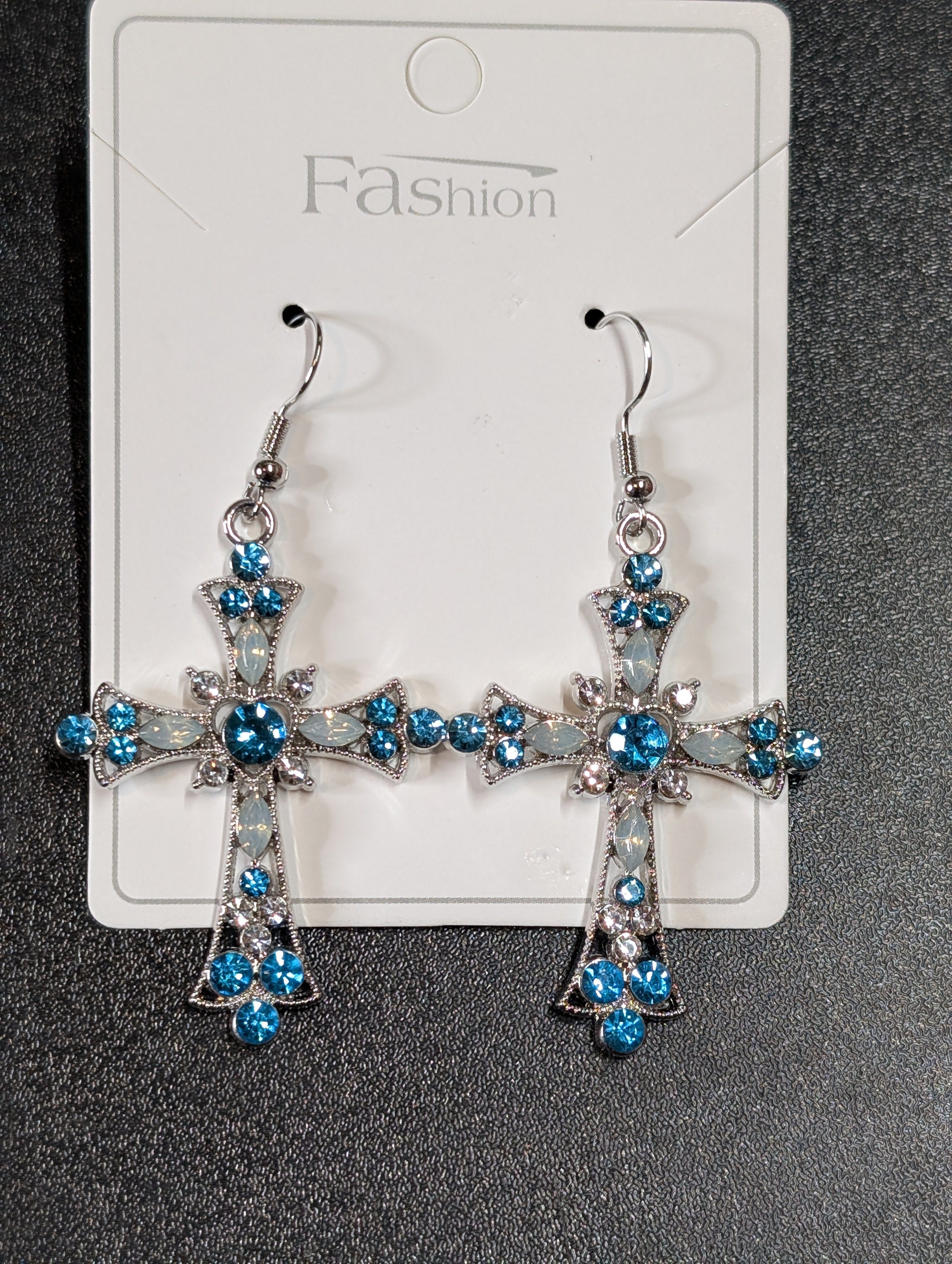 Fashion teal cross earrings in silver tone with blue stones, everyday jewelry gift