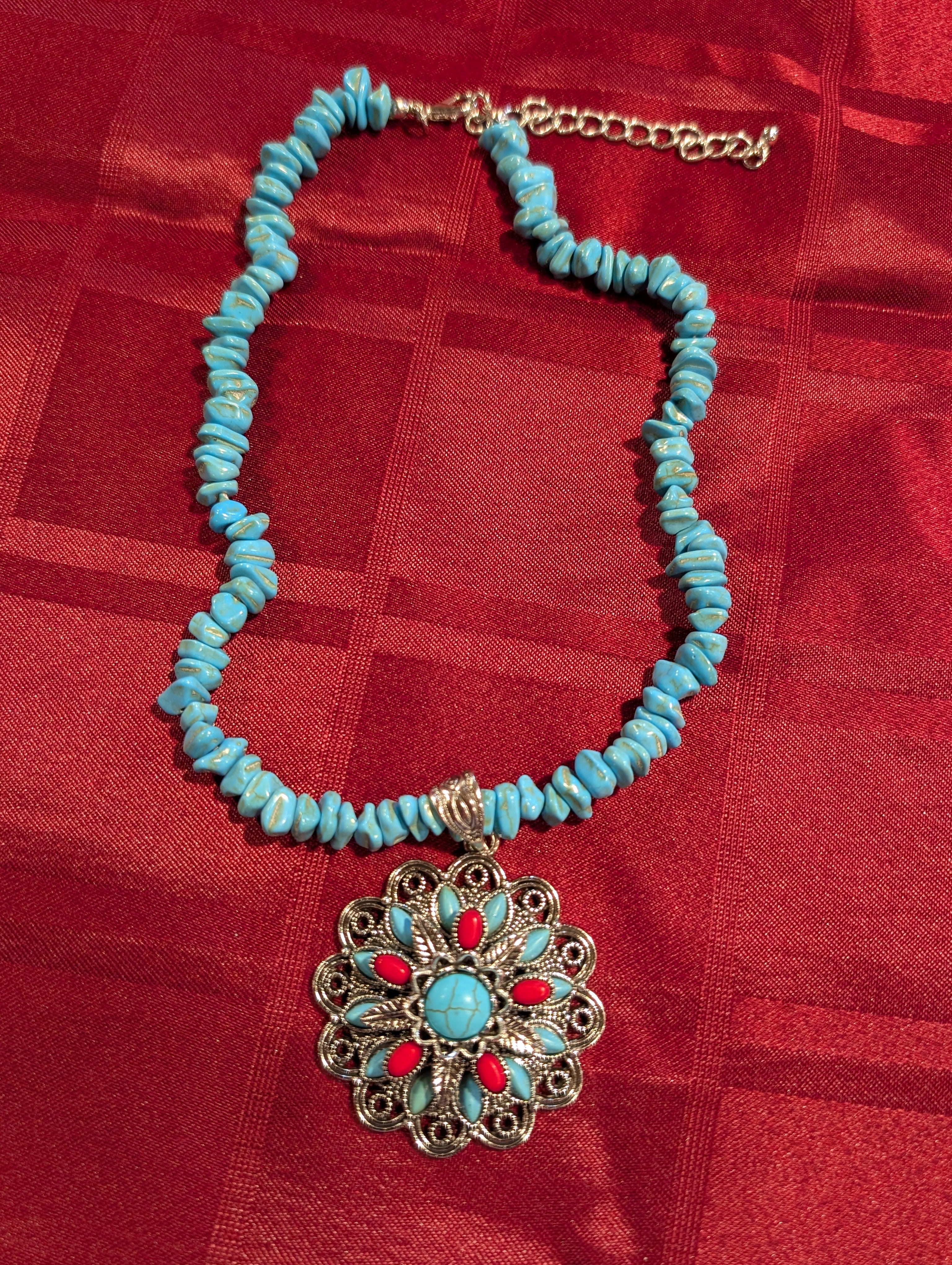 Western Turquoise & Red Stone Statement Necklace