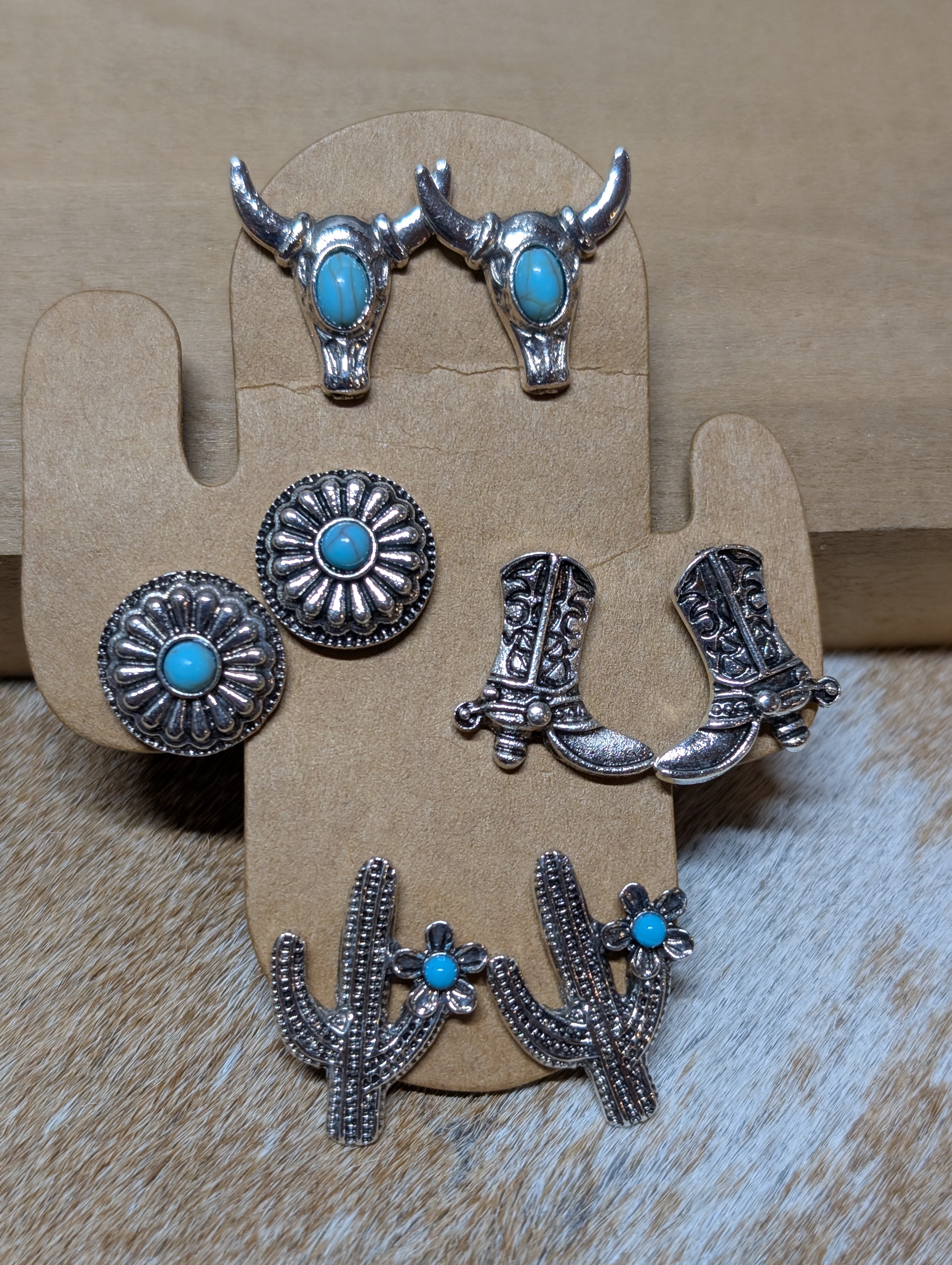 Western Mix & Match Stud Earrings – 4-Pair Assorted Card (Each Card Unique)