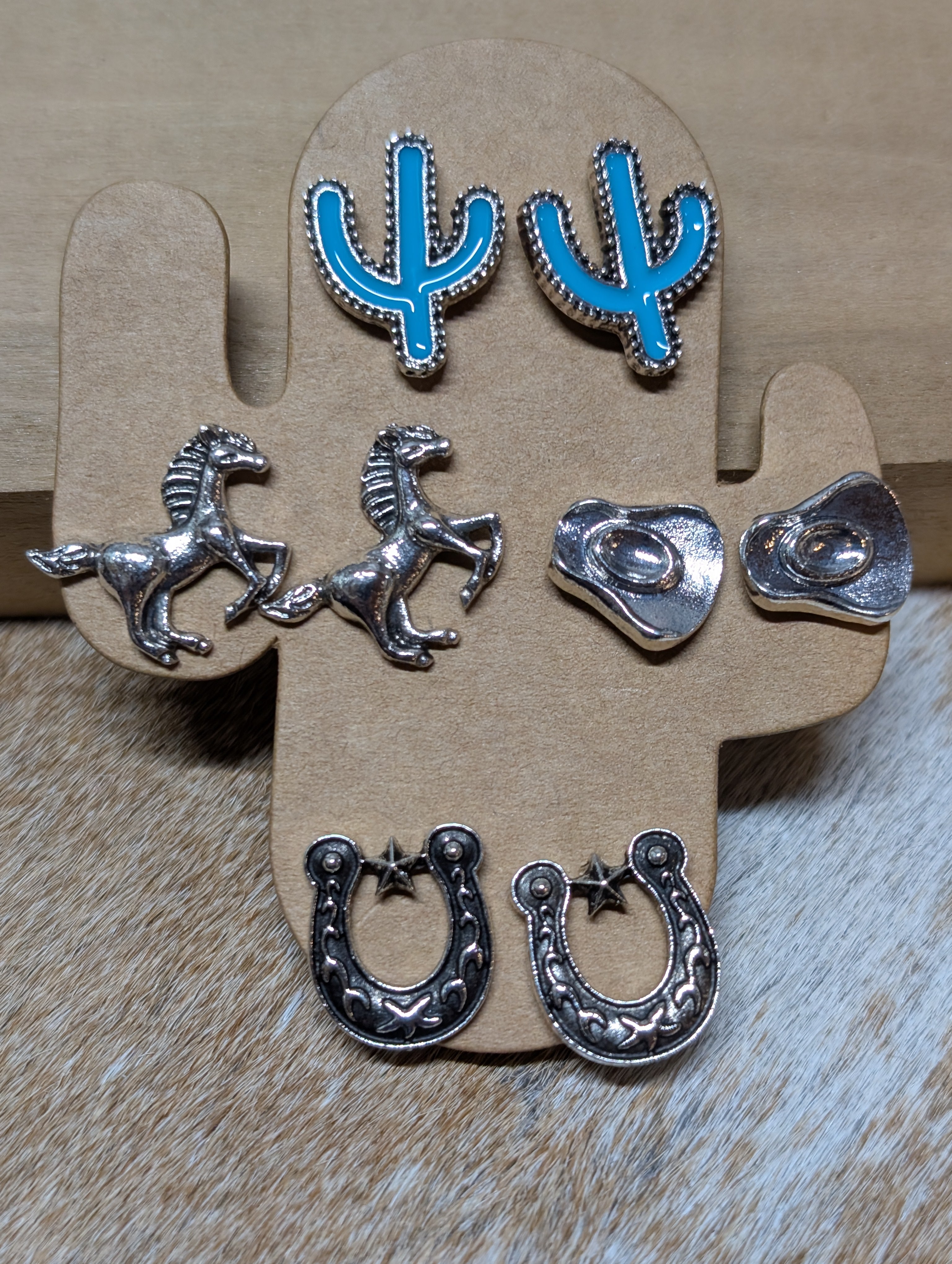 Western Mix & Match Stud Earrings – 4-Pair Assorted Card (Each Card Unique)