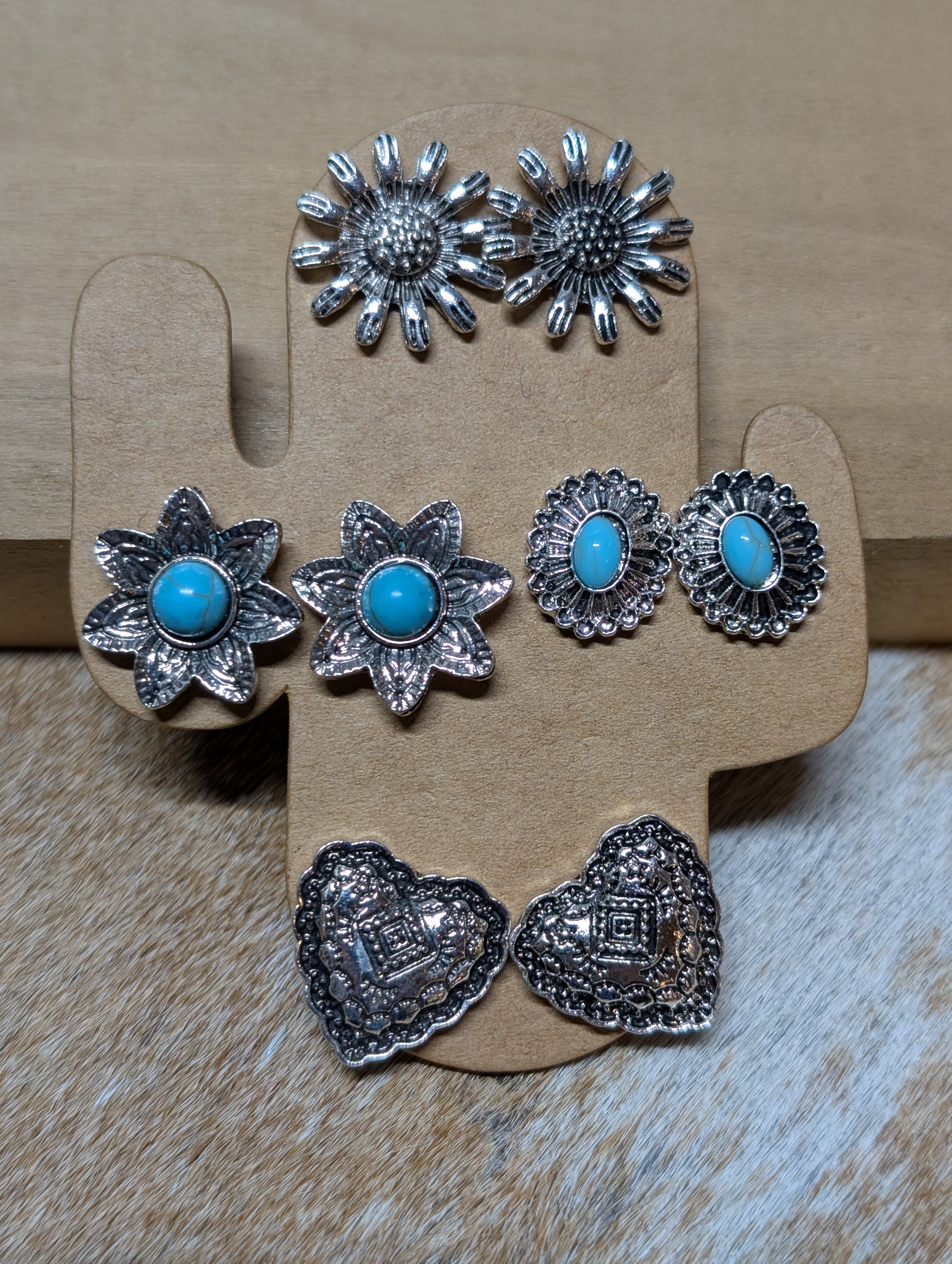 Western Mix & Match Stud Earrings – 4-Pair Assorted Card (Each Card Unique)