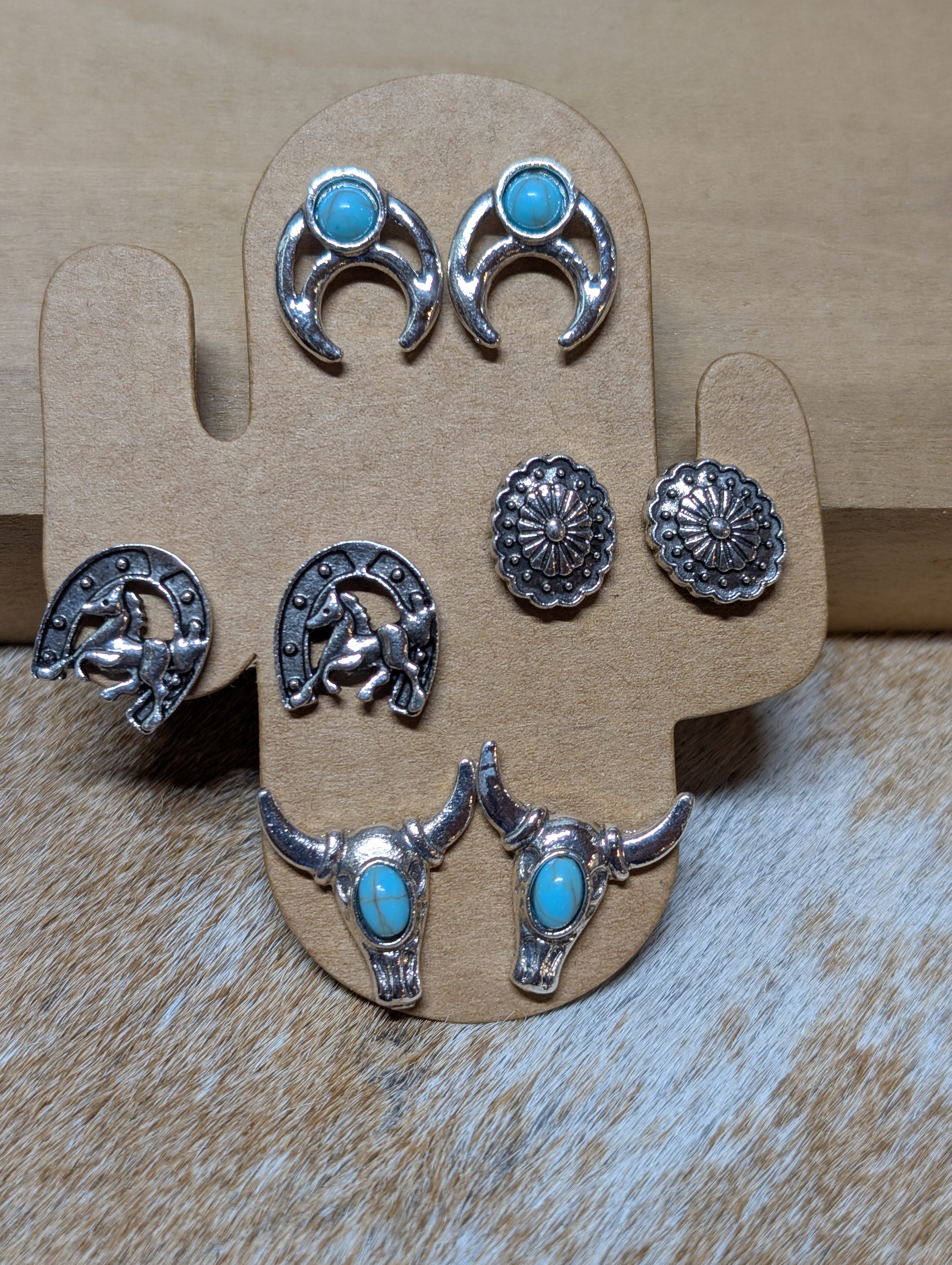 Western Mix & Match Stud Earrings – 4-Pair Assorted Card (Each Card Unique)