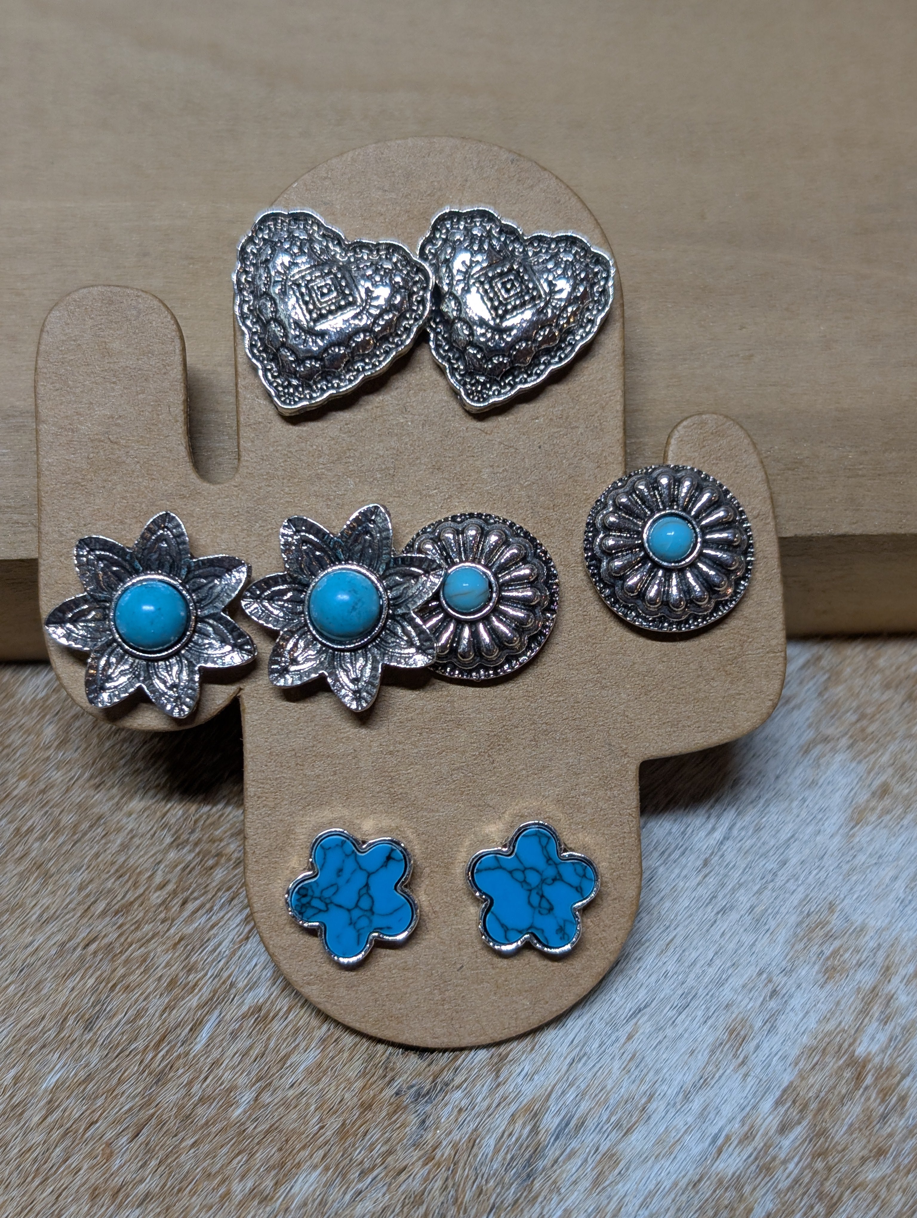Western Mix & Match Stud Earrings – 4-Pair Assorted Card (Each Card Unique)