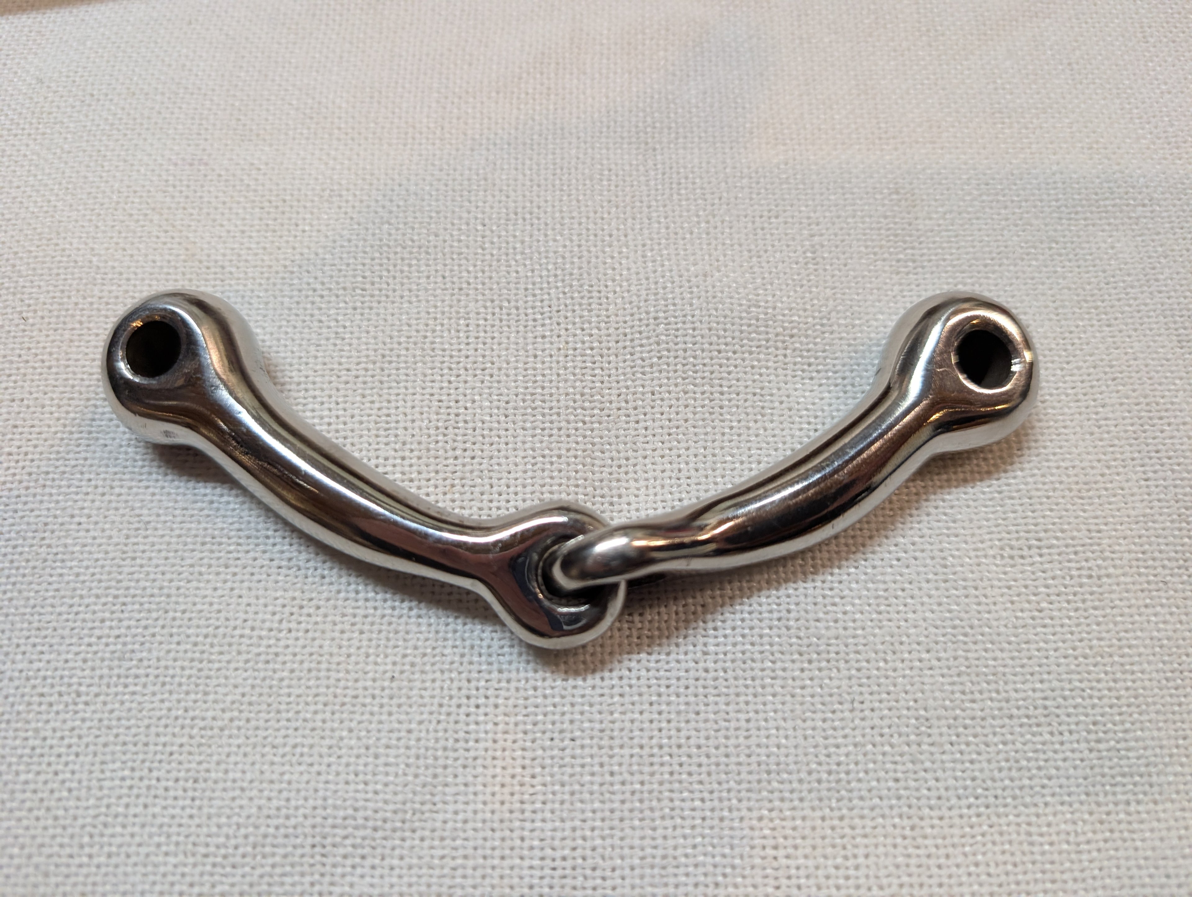 Metal snaffle bit on a light fabric background