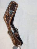 Brown leather spur strap with decorative stitching on a white background