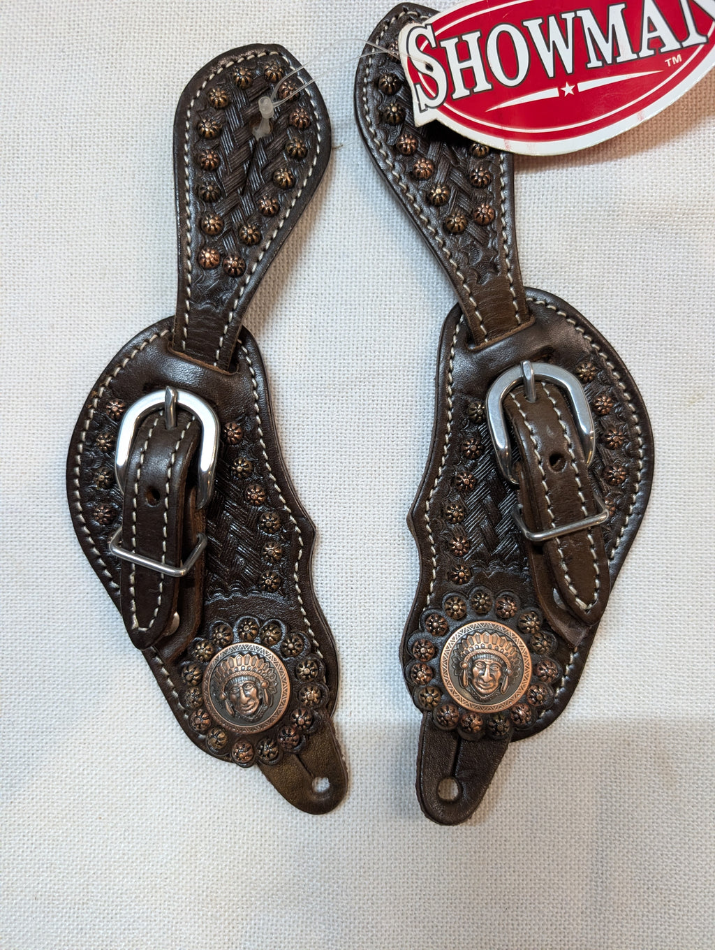 Showman Youth & Ladies Spur Straps – Basket Stamp Tooling with Vintage Indian Head Conchos