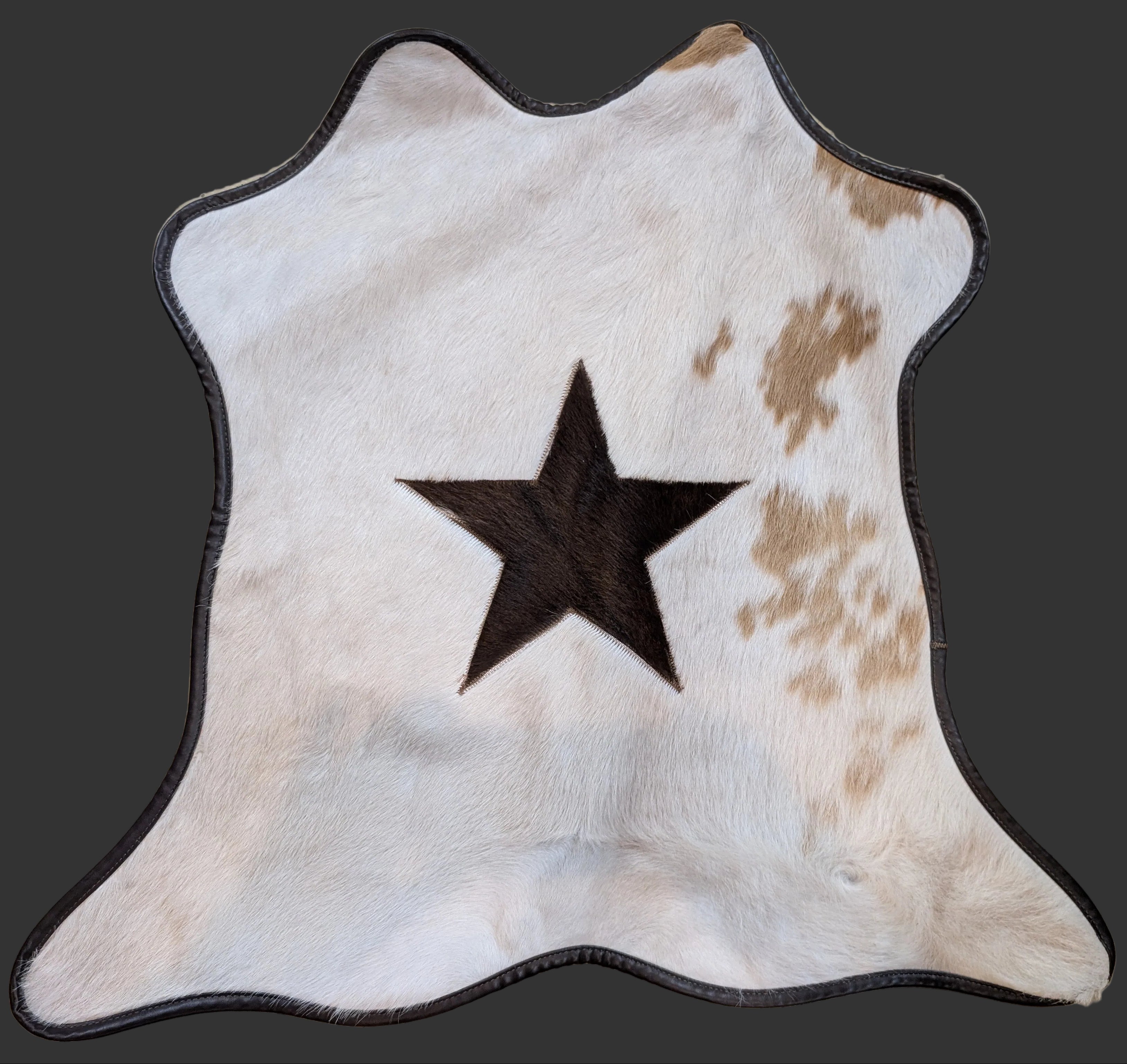 Star-shaped rug with a black star in the center on a beige floor.