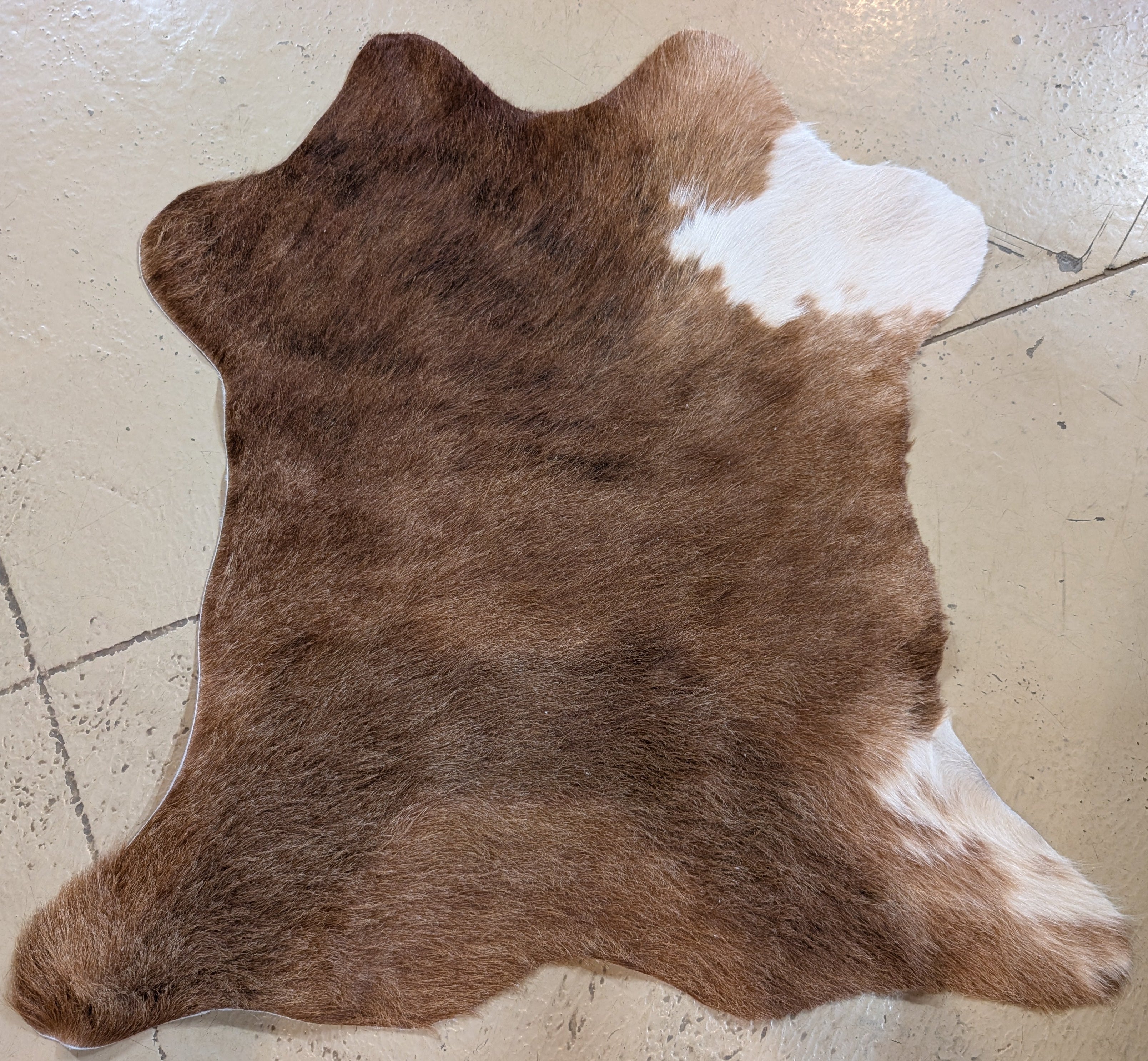 Brown cowhide rug with white patches on a tiled floor
