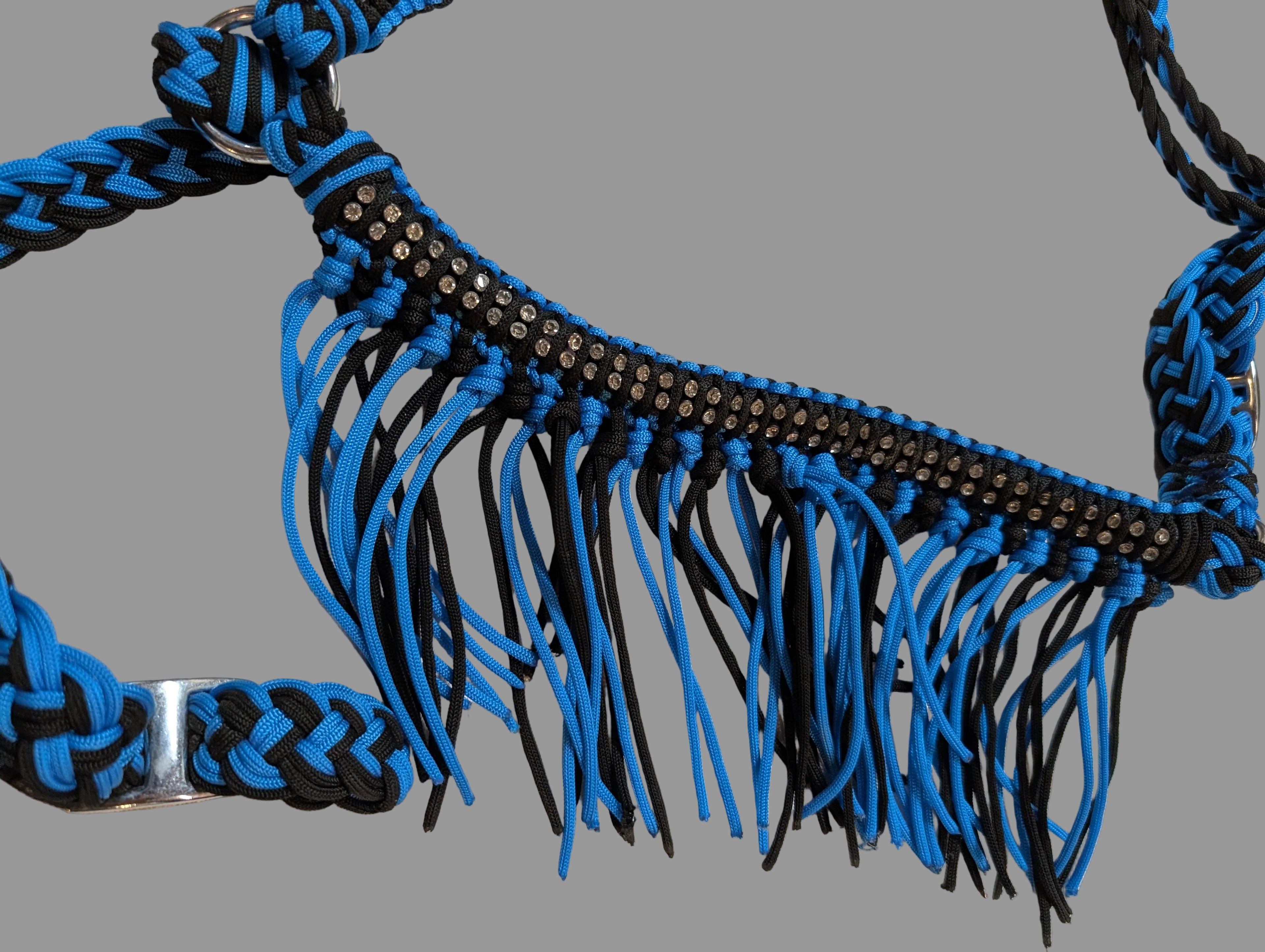 Blue and Black Nylon Bling Breast collar with fringe