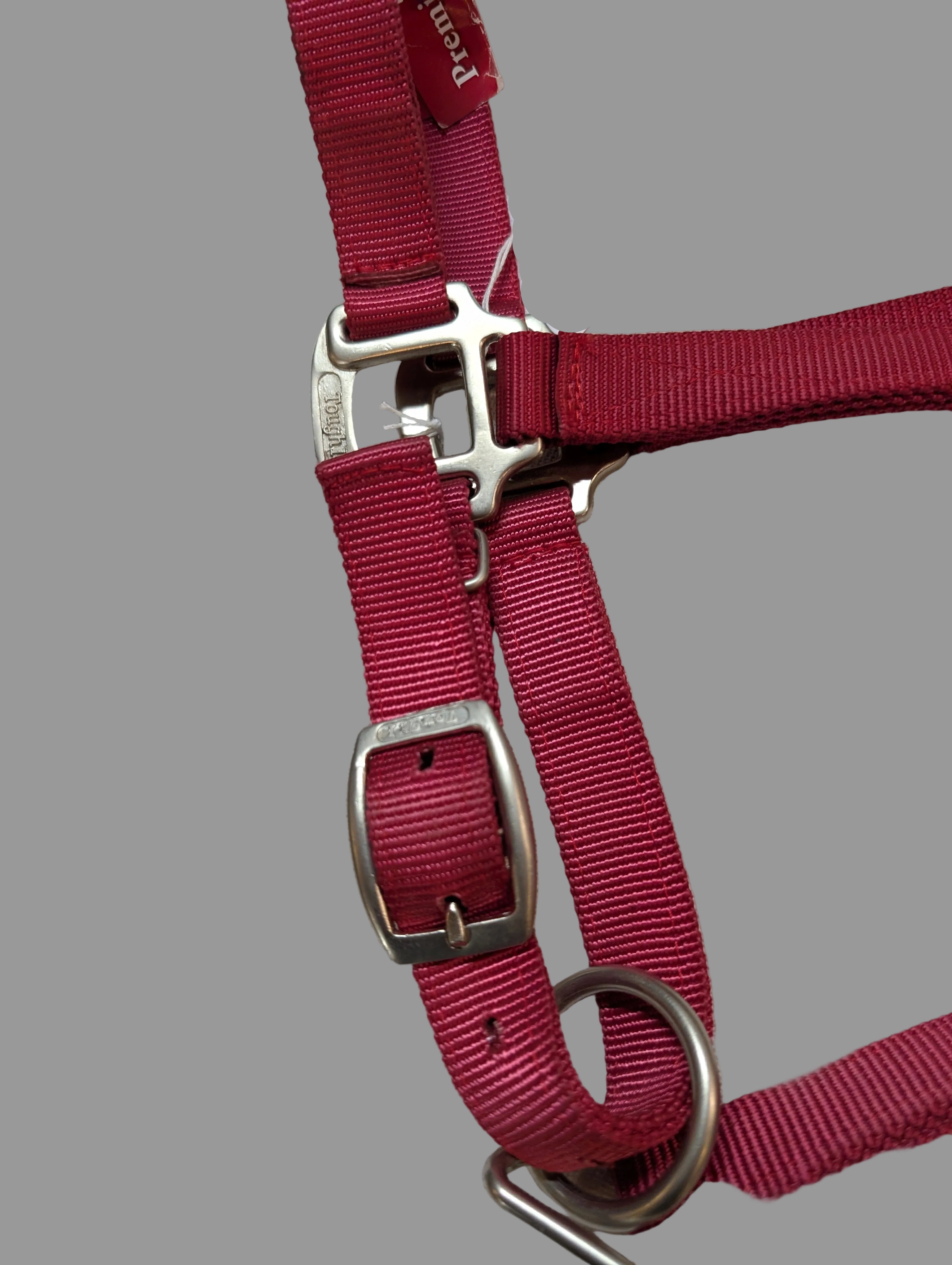 Side view of a pink adjustable halter for a horse