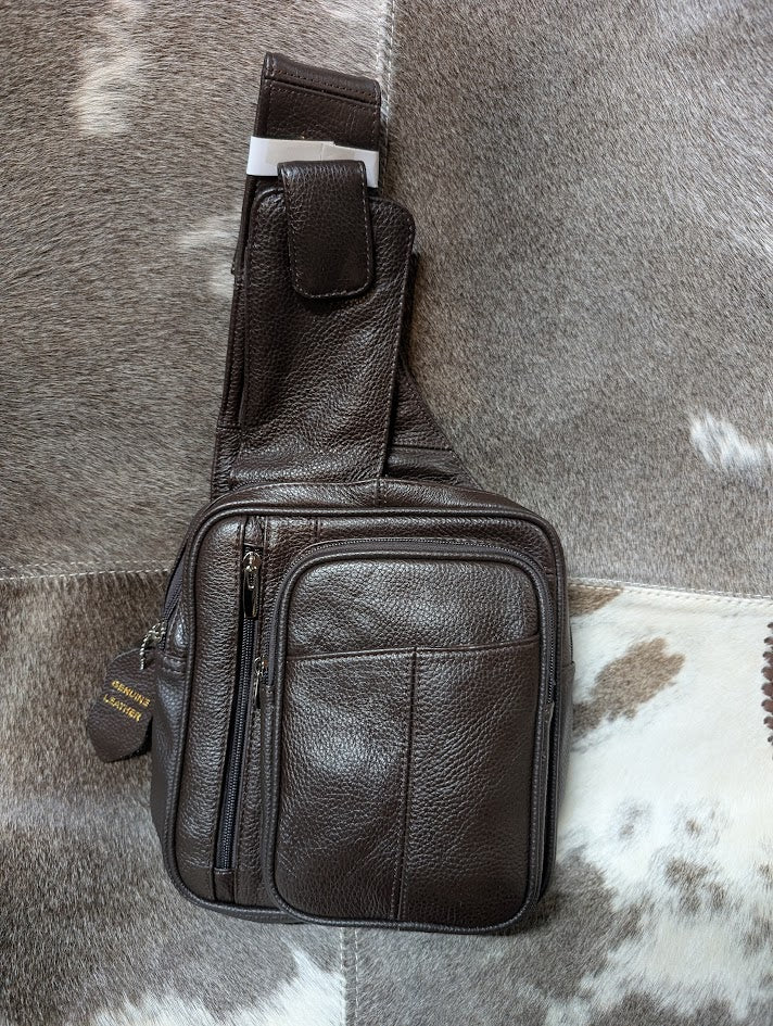 Cowhide Leather Sling Purse with Water Bottle Holder