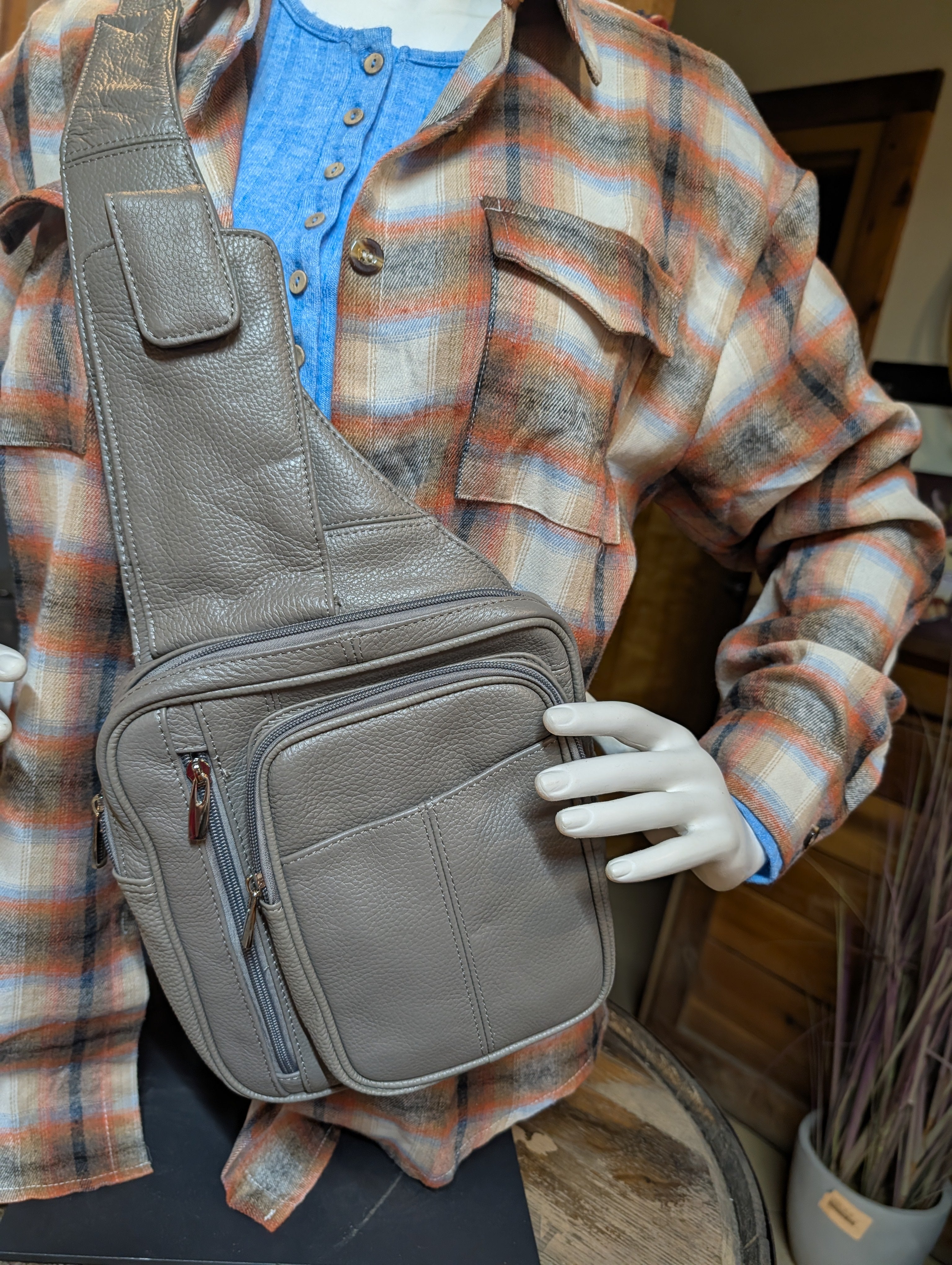 Cowhide Leather Sling Purse with Water Bottle Holder