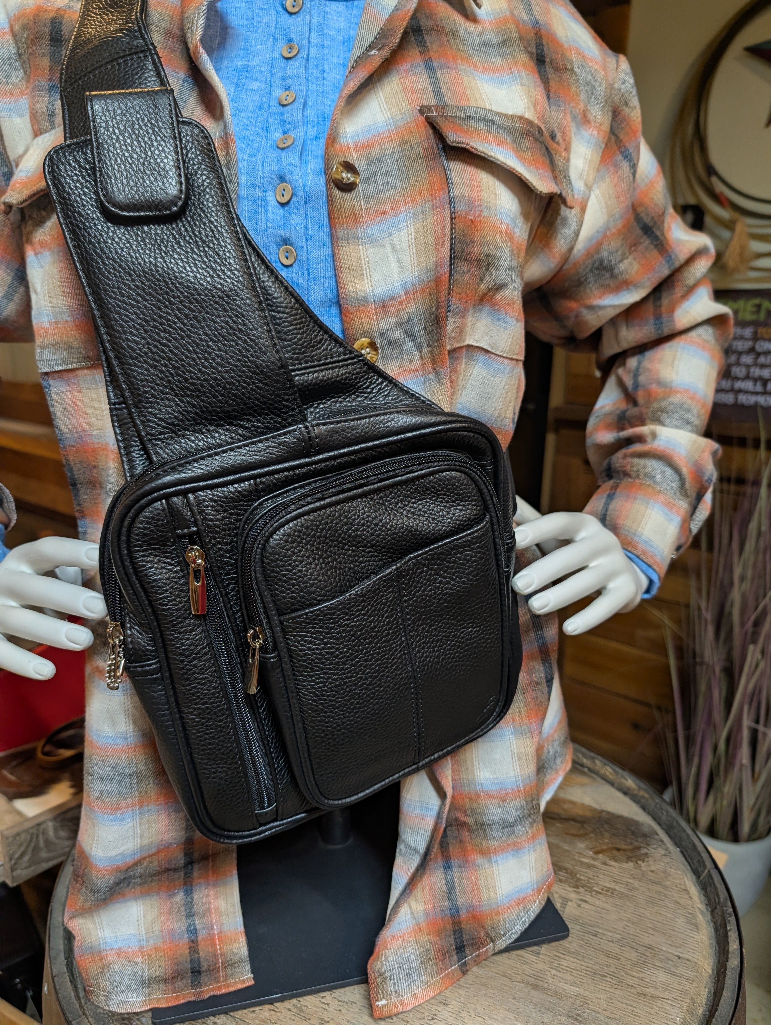Cowhide Leather Sling Purse with Water Bottle Holder