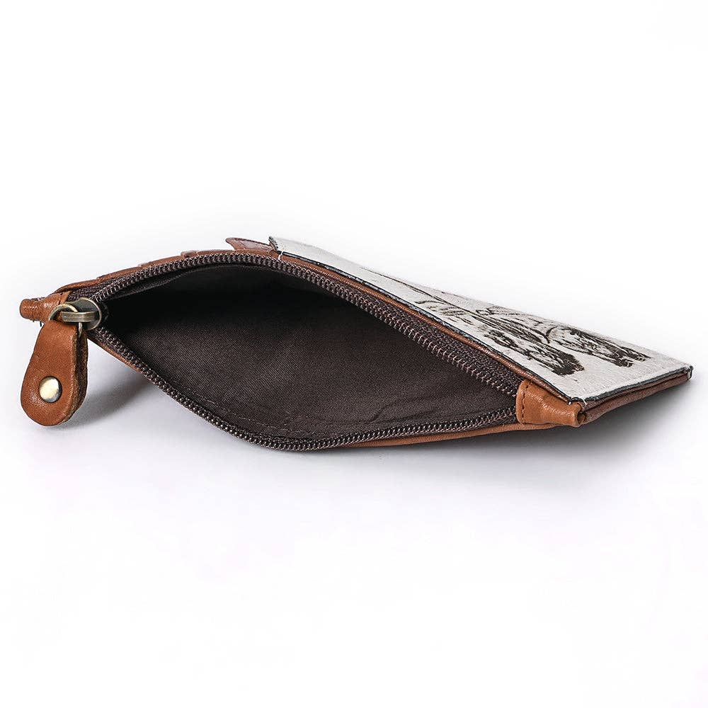 Brown leather coin pouch with a zipper on a white background