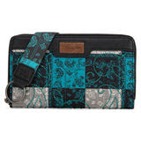 Patchwork-style wallet with teal and black pattern on a white background