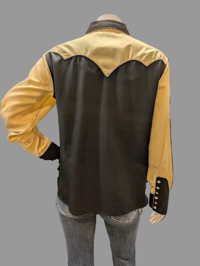 Panhandle Slim Retro Western Wear Black and Yellow top back view on a mannequin with jeans on 