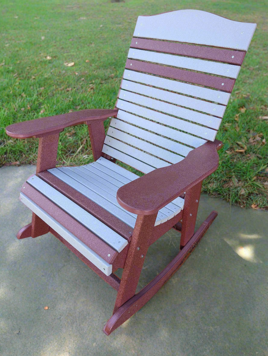 Close-up of cherry frame and light gray seat on weatherproof rocker