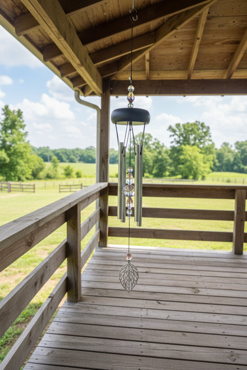 Peach and Clear Crystal wind chimes hanging on a porch