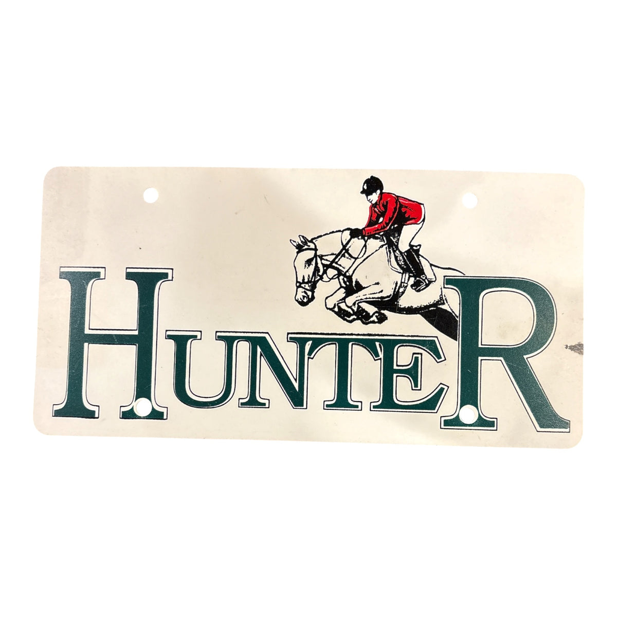 Plastic licence plate with a English jumper and the word "Hunter" in green lettering.