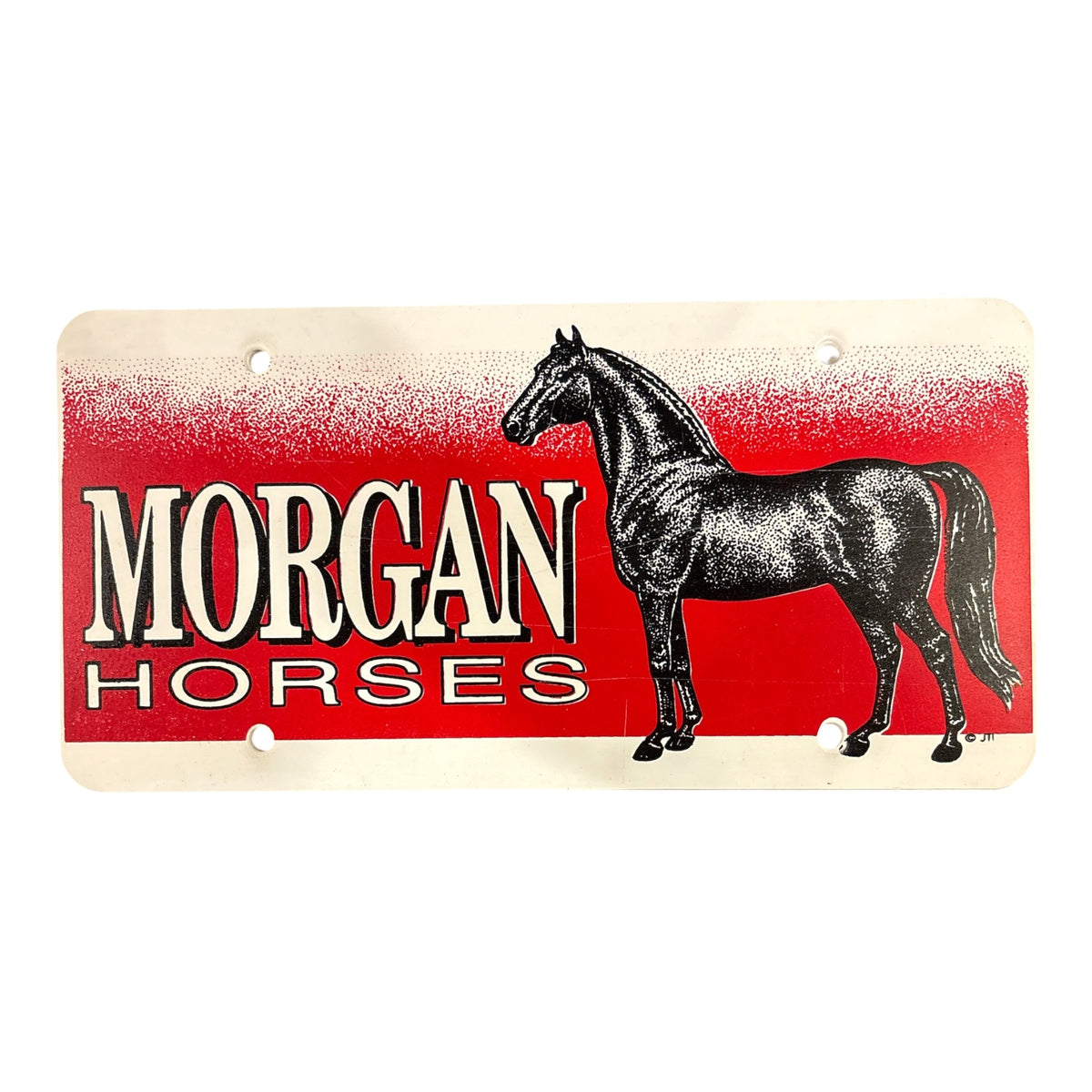 Vintage-style Morgan Horses plastic sign featuring a black horse silhouette and the words 'MORGAN HORSES' on a red and cream background.
