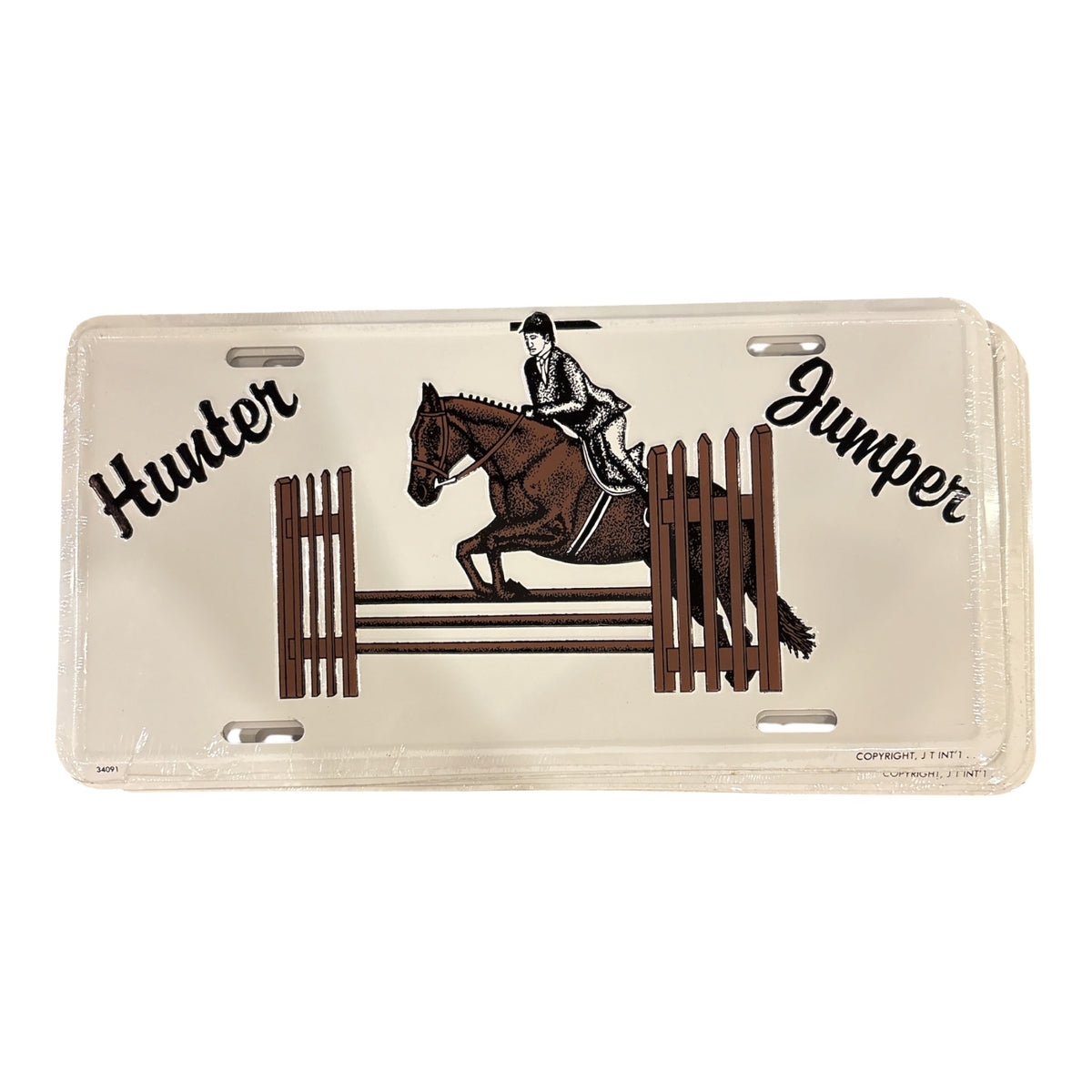 An off-white novelty license plate featuring a graphic of a horse jumper in action, with the words 'Hunter Jumper' in black script on either side of the jumping horse.