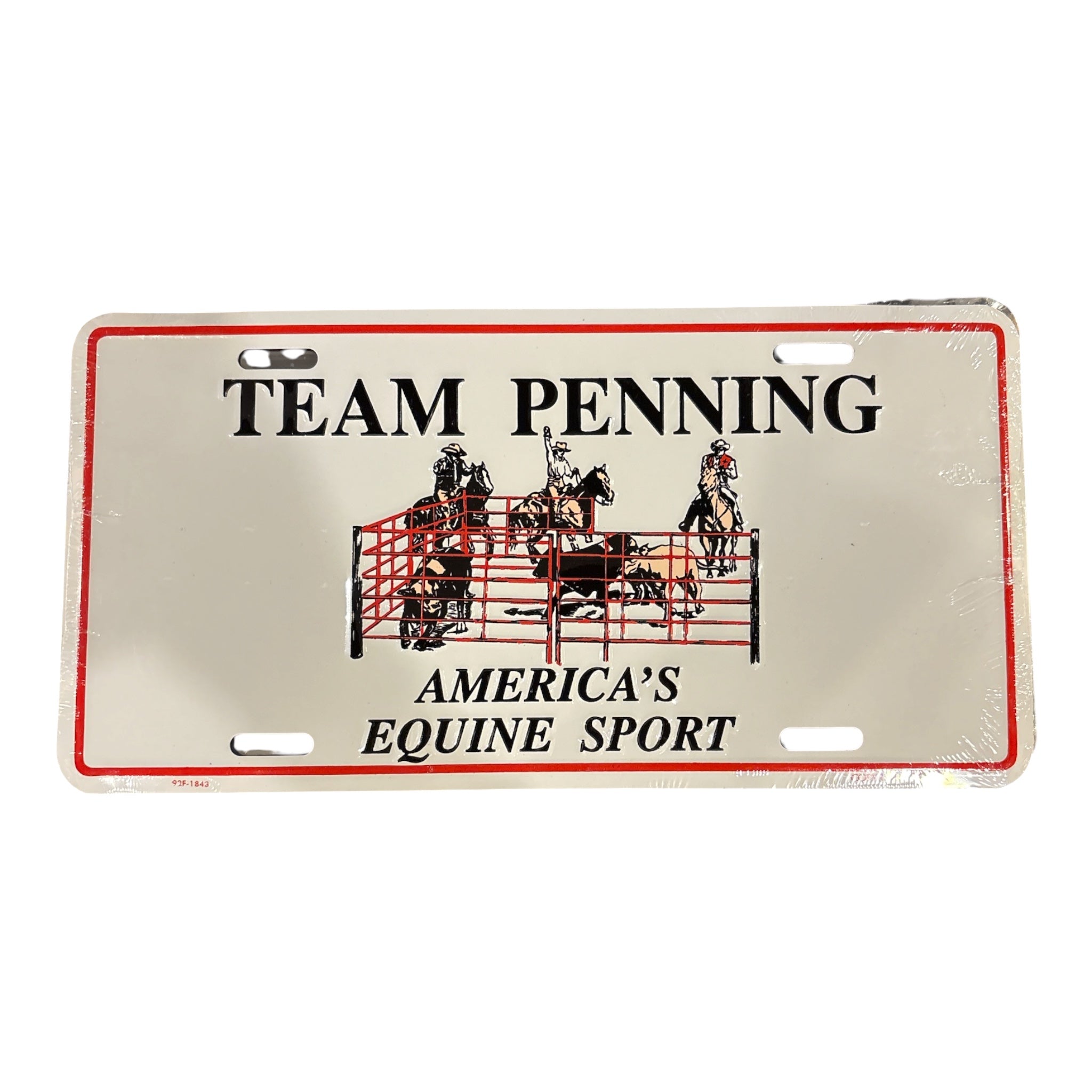 A novelty license plate featuring the text 'TEAM PENNING' and 'AMERICA'S EQUINE SPORT' with a black illustration of a horse gate scene, on a white background with a red border.