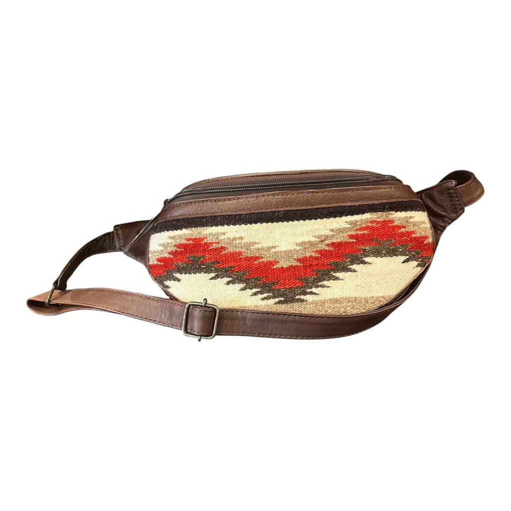 Leather and woven cloth fanny pack front view