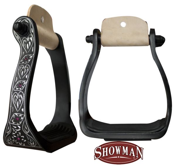 Pair of black horse stirrups with decorative patterns on a white background, featuring the Showman logo.