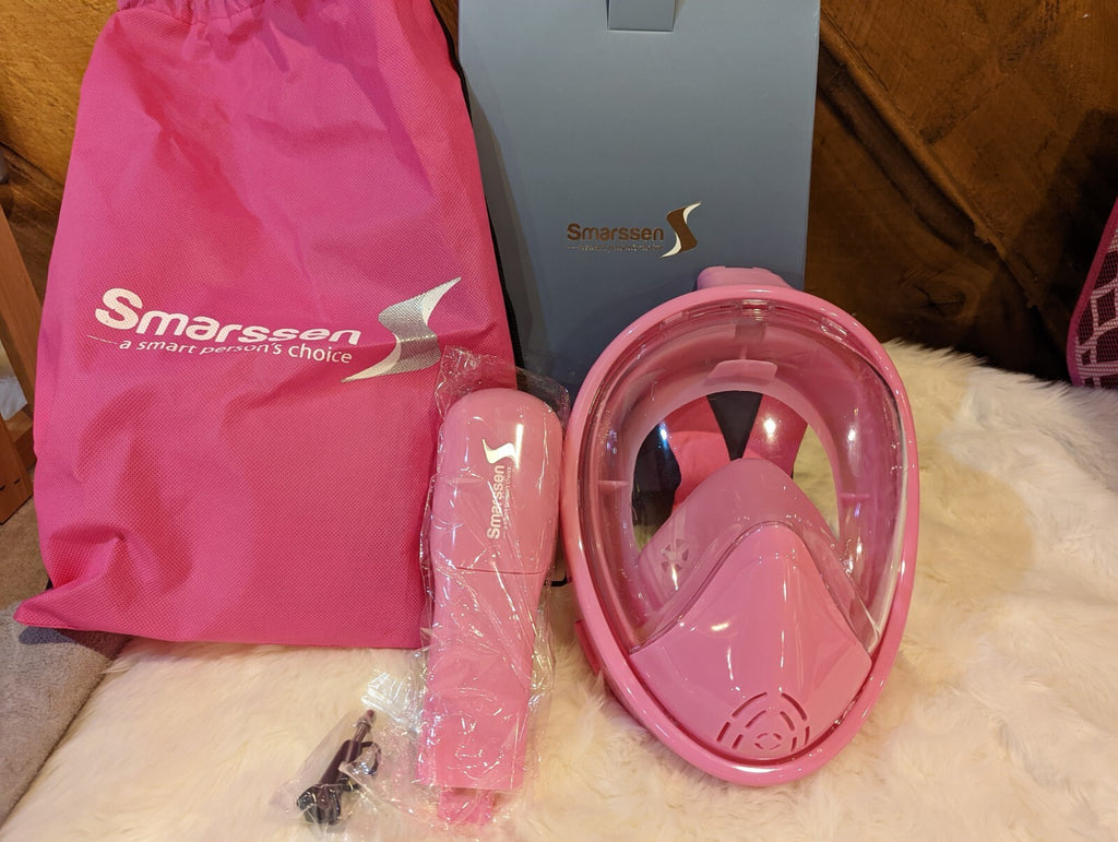 Pink full face diving mask and snorkel set
