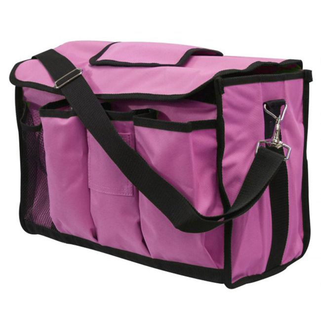 Equestrian grooming carrier by Showman featuring metal bar structure and spacious front and back pockets.