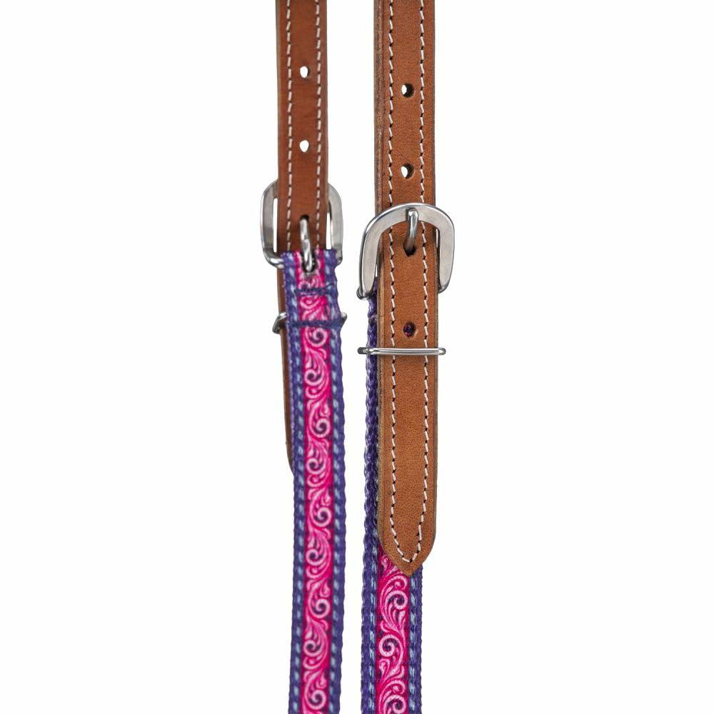 Horse Headstall with purple and pink pattern on a white background
