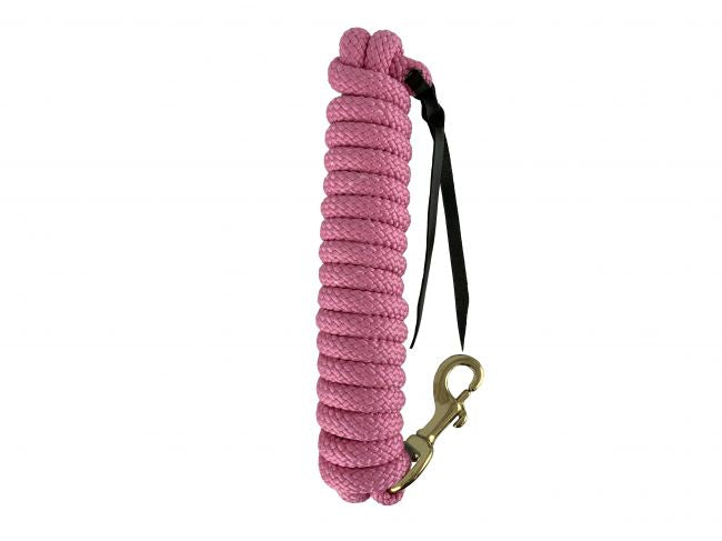 Pink 14ft training lead with a bolt snap and a leather popper on the end.