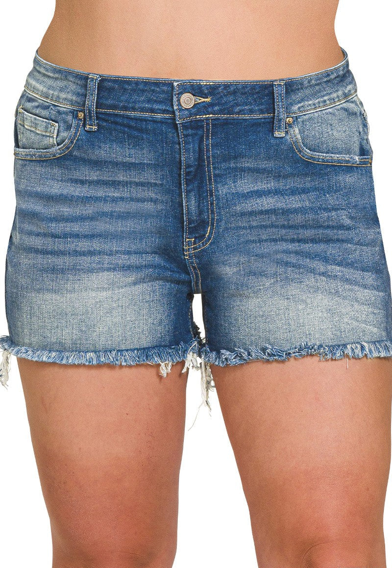 Zenana plus size frayed denim shorts with raw hem and mid-rise fit styled casually