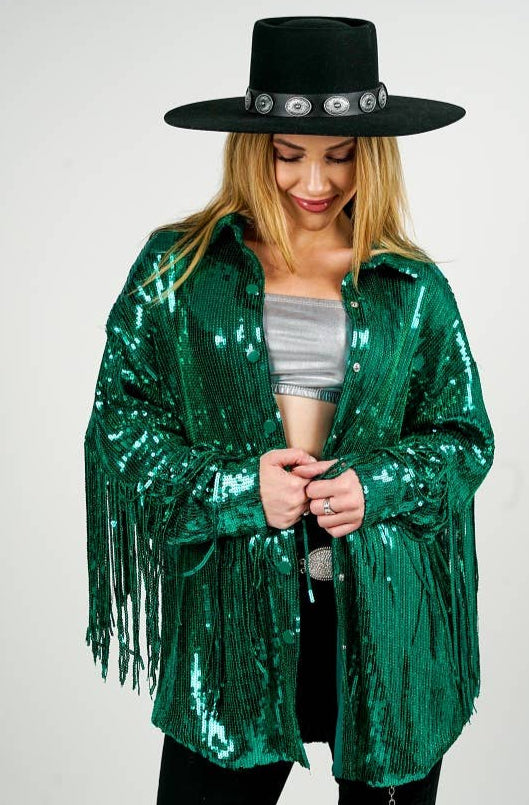 Plus Size Green Sequins Shacket With All around Fringe