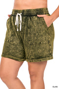 Lady wearing green short with pockets 