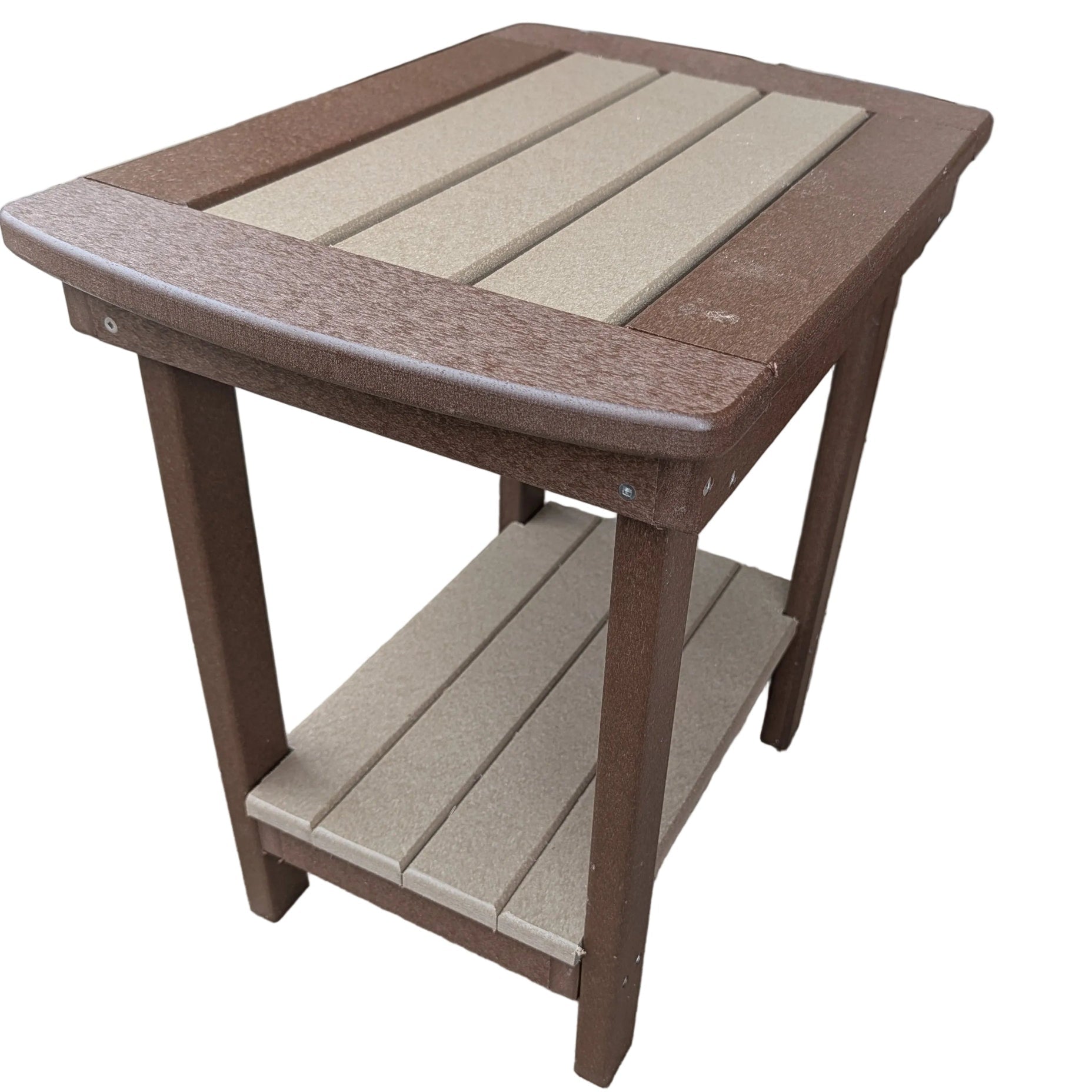 A poly deluxe end table in brown and weathered wood color.
