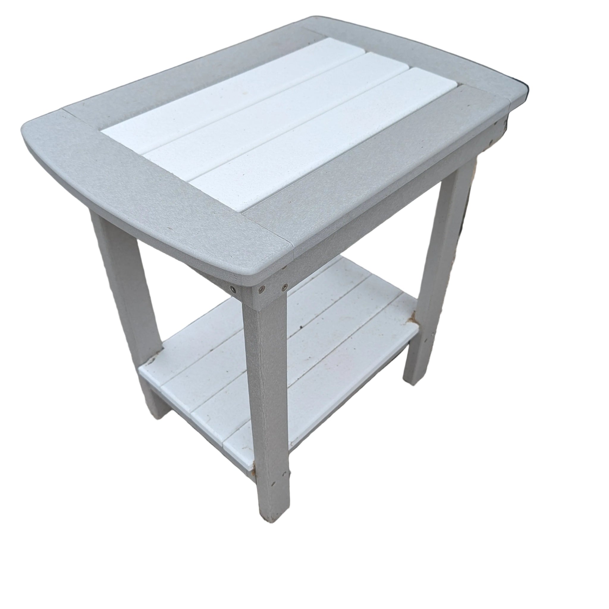 A poly deluxe end table in light gray and white